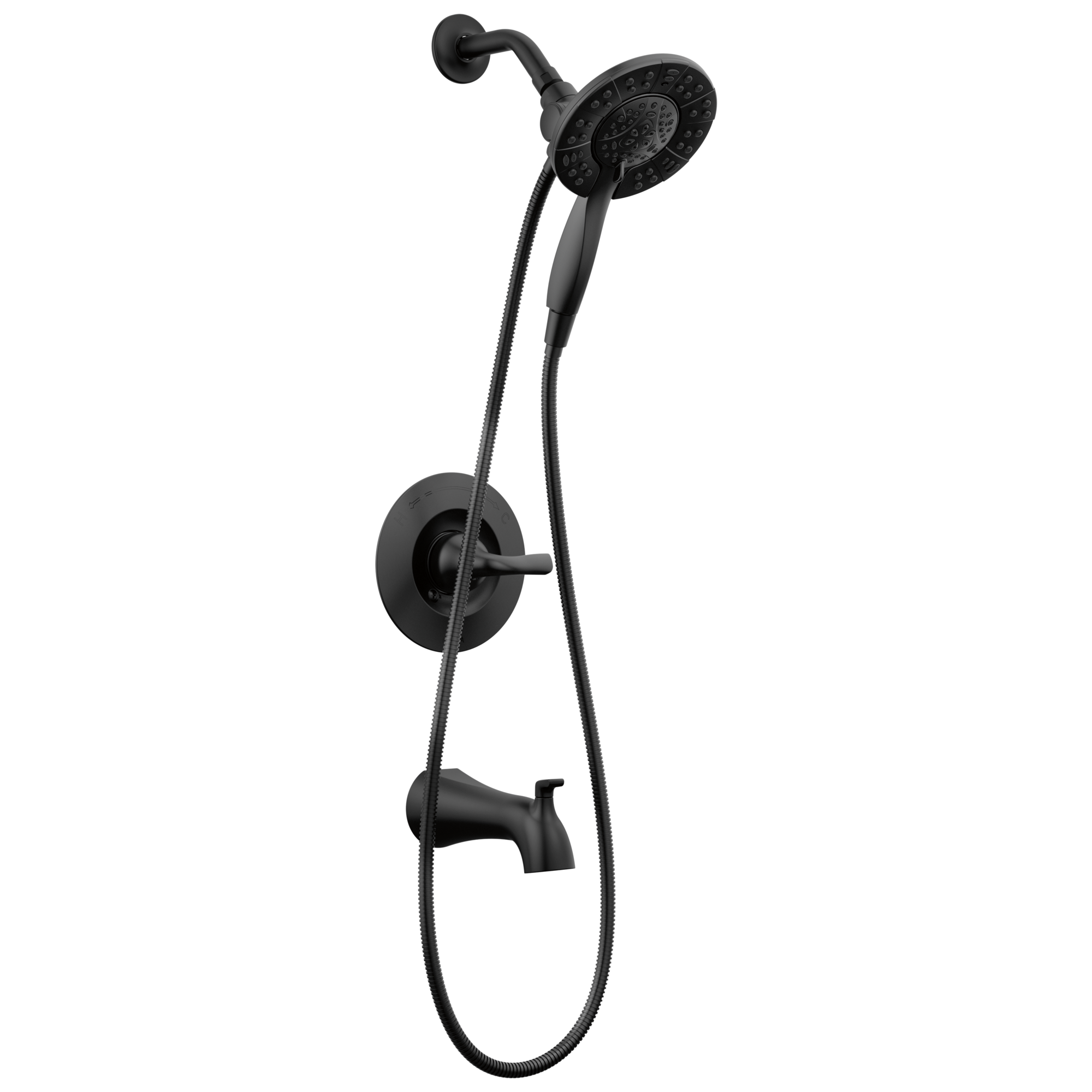 Grifo para bañera y ducha redonda de 6 pulgadas de color negro mate de 1 manija y función múltiple Delta Arvo con válvula 144840-BL-I.