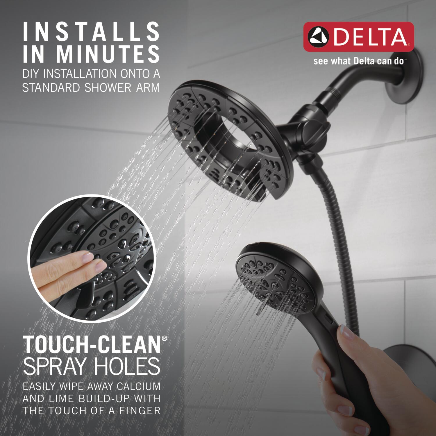 Grifo para bañera y ducha redonda de 6 pulgadas de color negro mate de 1 manija y función múltiple Delta Arvo con válvula 144840-BL-I.