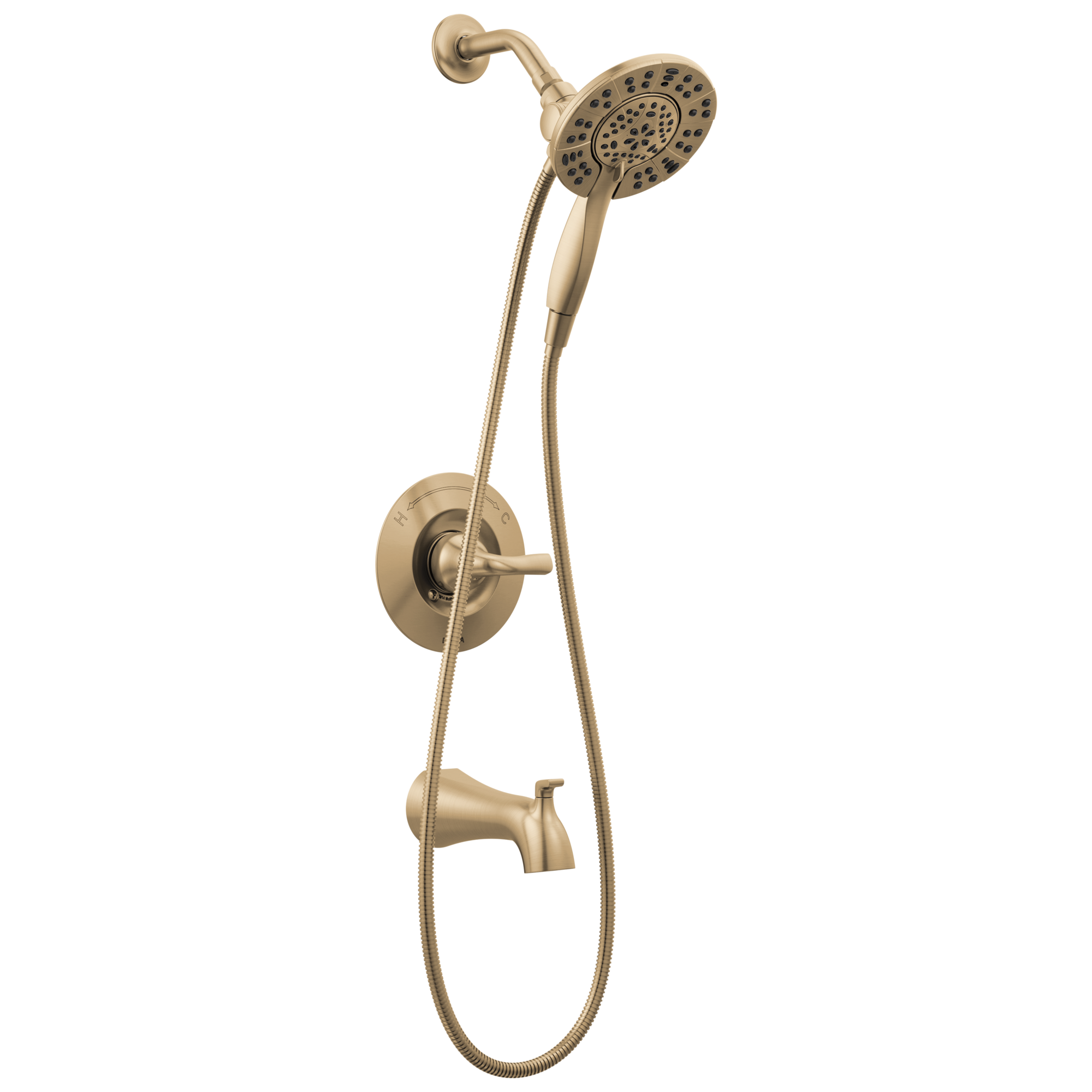 Grifo de bañera y ducha redondo de 6 pulgadas de una sola manija en bronce champán Delta Arvo con función múltiple y válvula 144840-CZ-I.