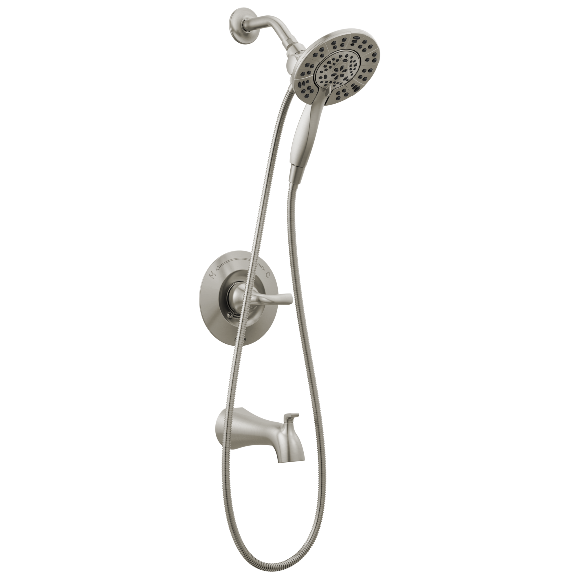 Grifería para bañera y ducha redonda de 6 pulgadas de brushed nickel con tecnología Spotshield y válvula de un solo mango Delta Arvo 144840-SP-I.