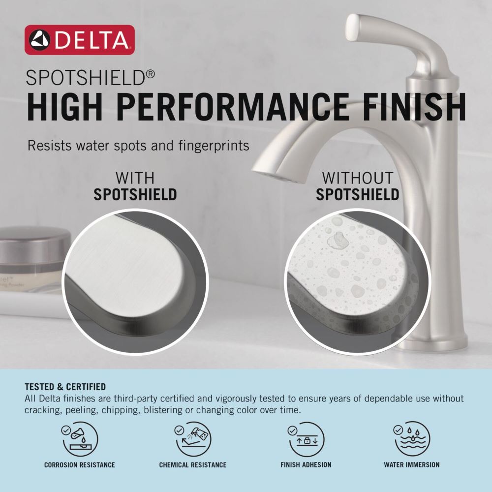 Grifería para bañera y ducha redonda de 6 pulgadas de brushed nickel con tecnología Spotshield y válvula de un solo mango Delta Arvo 144840-SP-I.