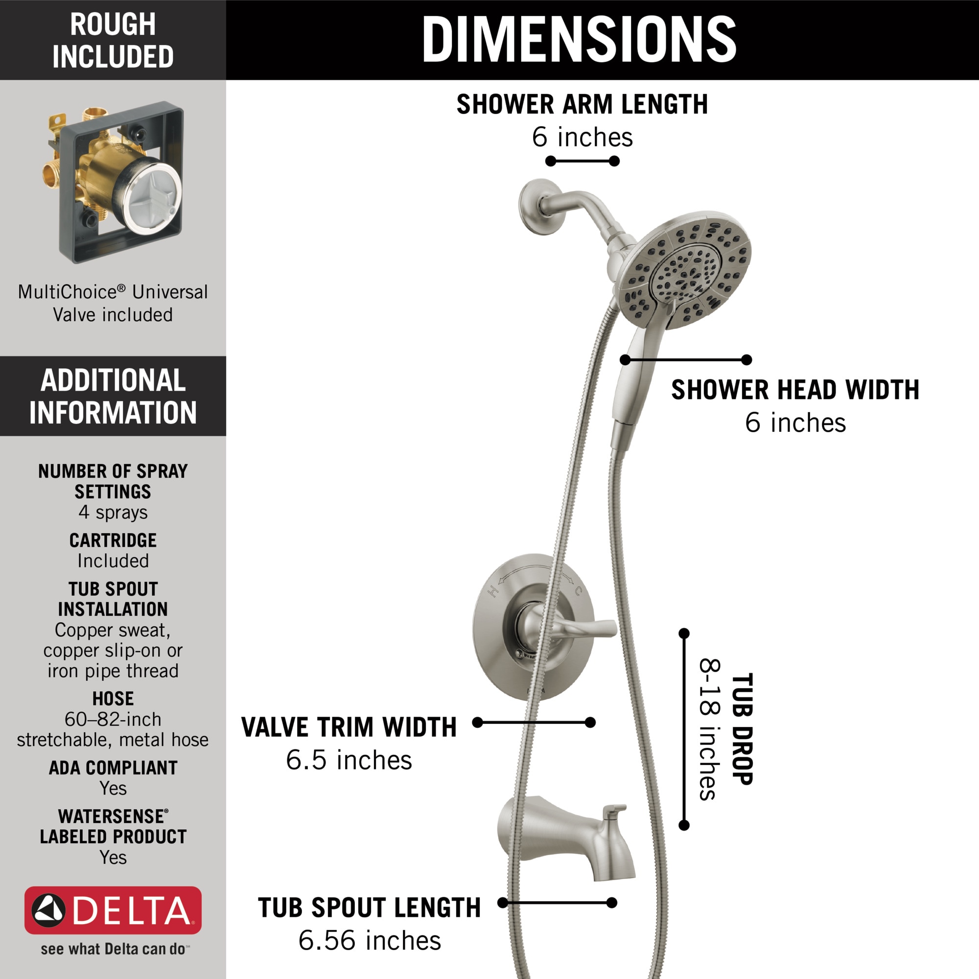 Grifería para bañera y ducha redonda de 6 pulgadas de brushed nickel con tecnología Spotshield y válvula de un solo mango Delta Arvo 144840-SP-I.