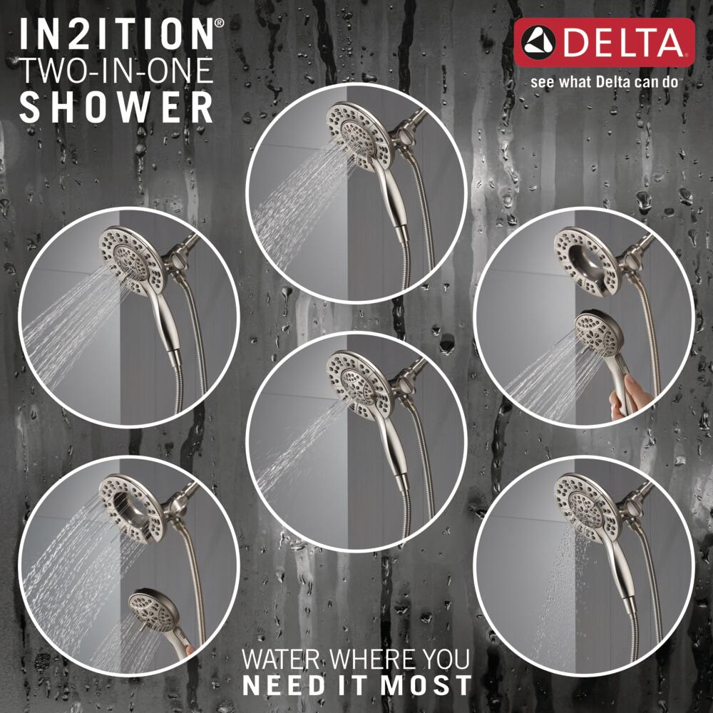 Grifería para bañera y ducha redonda de 6 pulgadas de brushed nickel con tecnología Spotshield y válvula de un solo mango Delta Arvo 144840-SP-I.