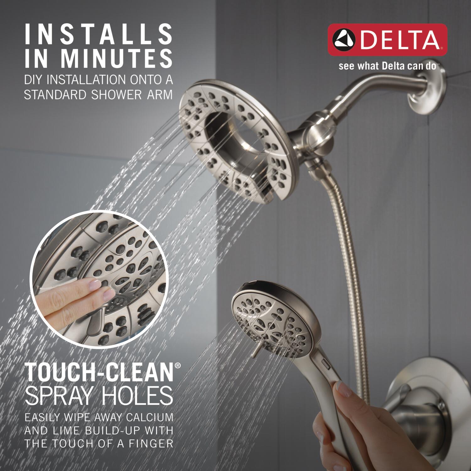 Grifería para bañera y ducha redonda de 6 pulgadas de brushed nickel con tecnología Spotshield y válvula de un solo mango Delta Arvo 144840-SP-I.