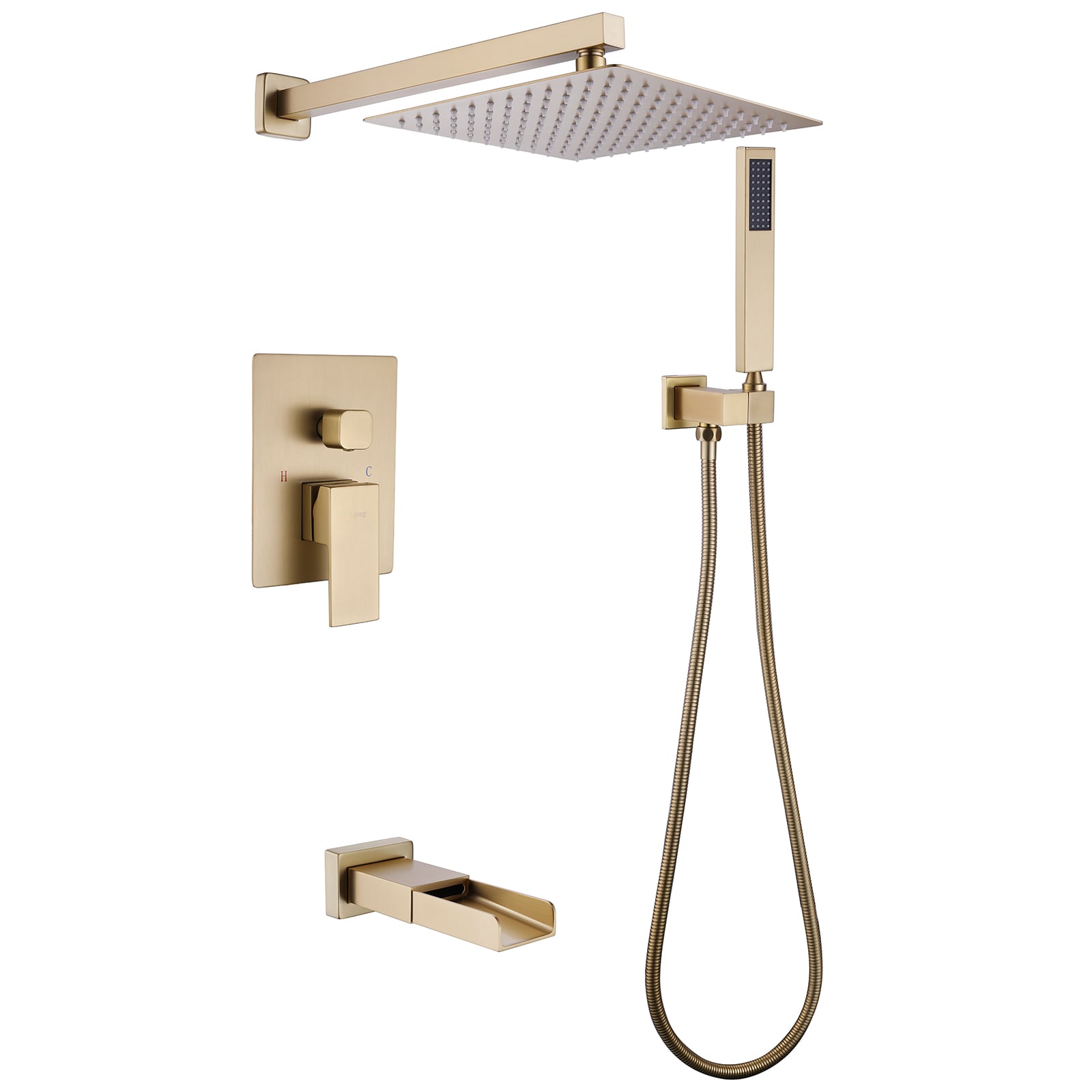 Mezcladora para bañera y regadera cuadrada de 10 pulgadas, color oro cepillado de un solo mango y función, con válvula A-98004-BG
