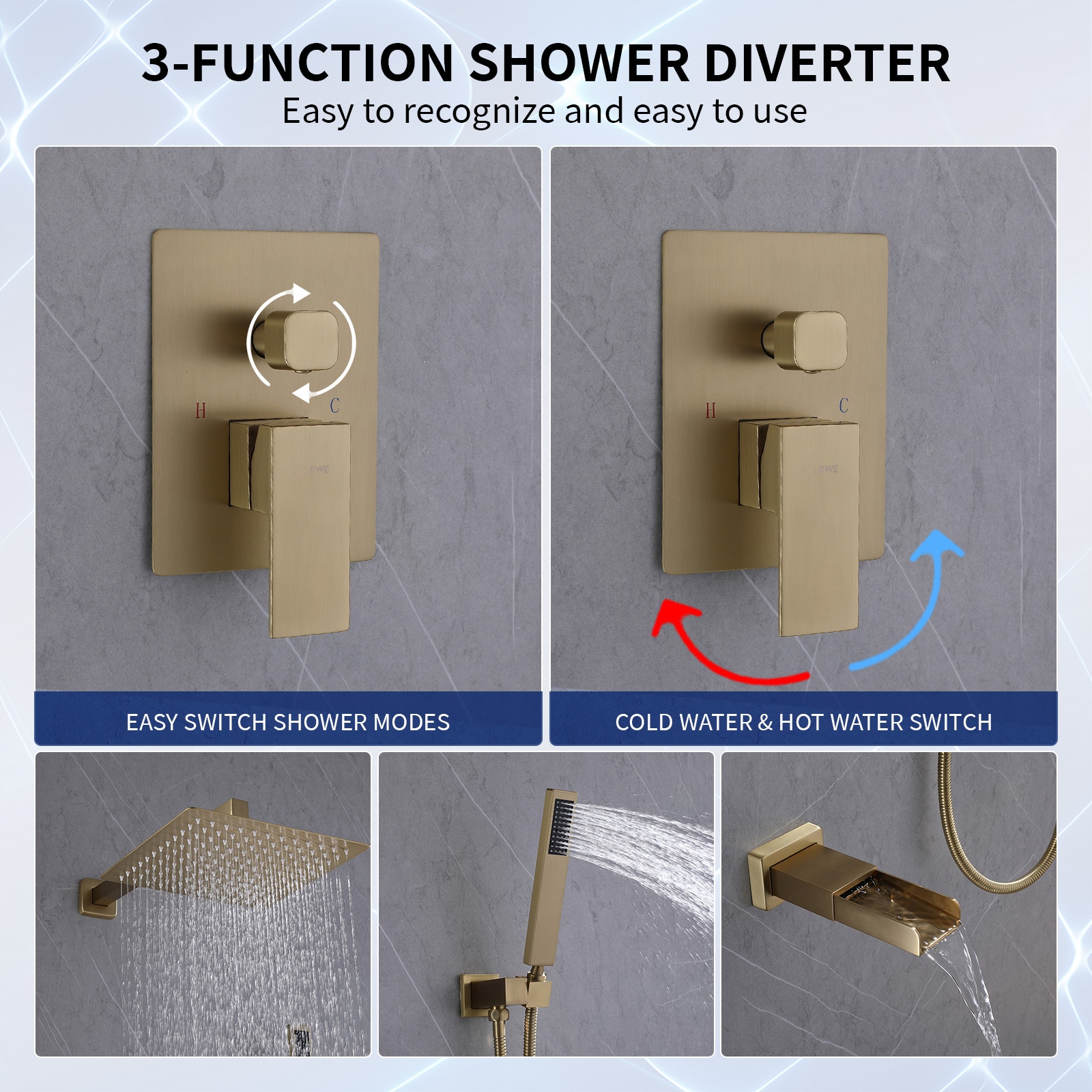 Mezcladora para bañera y regadera cuadrada de 10 pulgadas, color oro cepillado de un solo mango y función, con válvula A-98004-BG