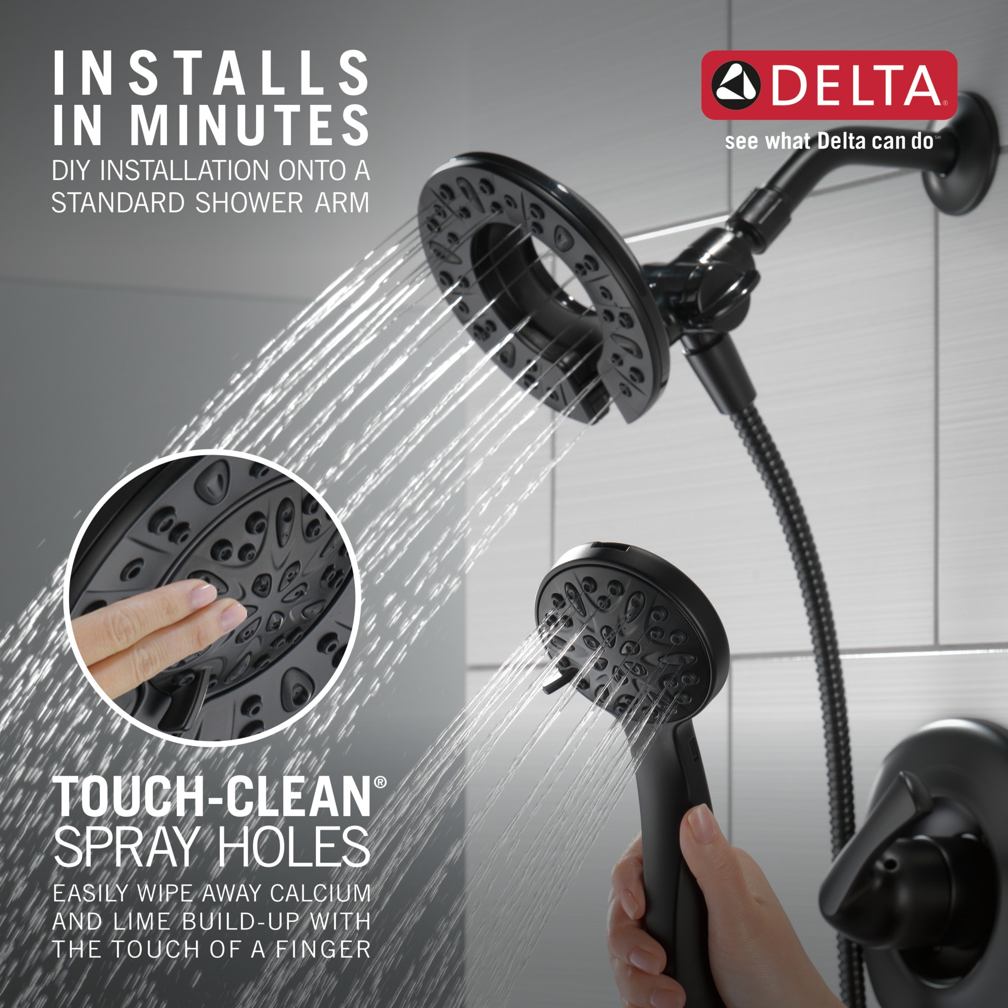 Grifo para bañera y ducha redonda de 6 pulgadas, mate negro, de una manija y funciones múltiples Delta Larkin con válvula 144890-BL-I.