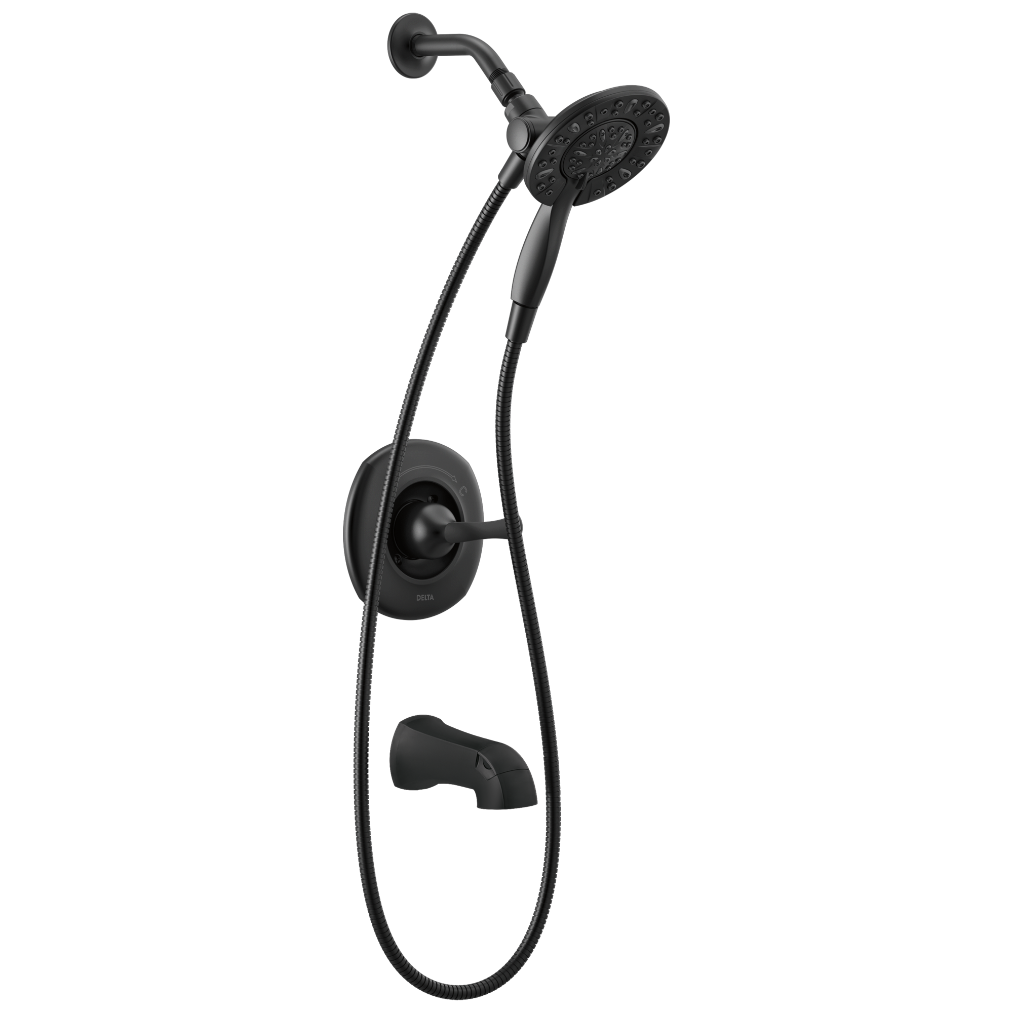 Grifo para bañera y ducha redonda de 6 pulgadas, mate negro, de una manija y funciones múltiples Delta Larkin con válvula 144890-BL-I.