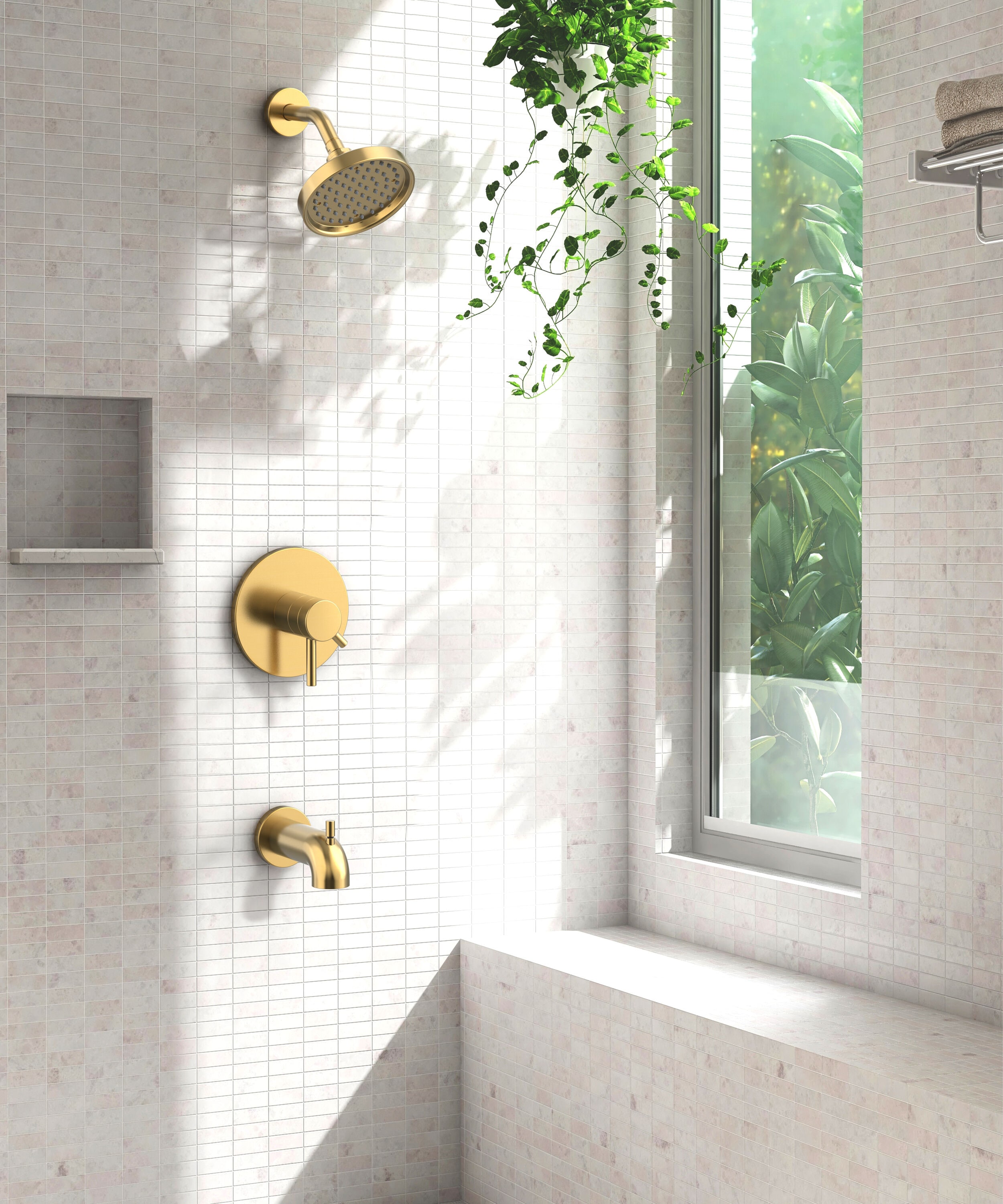 Grifo para Bañera y Ducha de 6 Pulgadas en Oro Cepillado con Dos Manijas y Función Única - Modelo Harlow