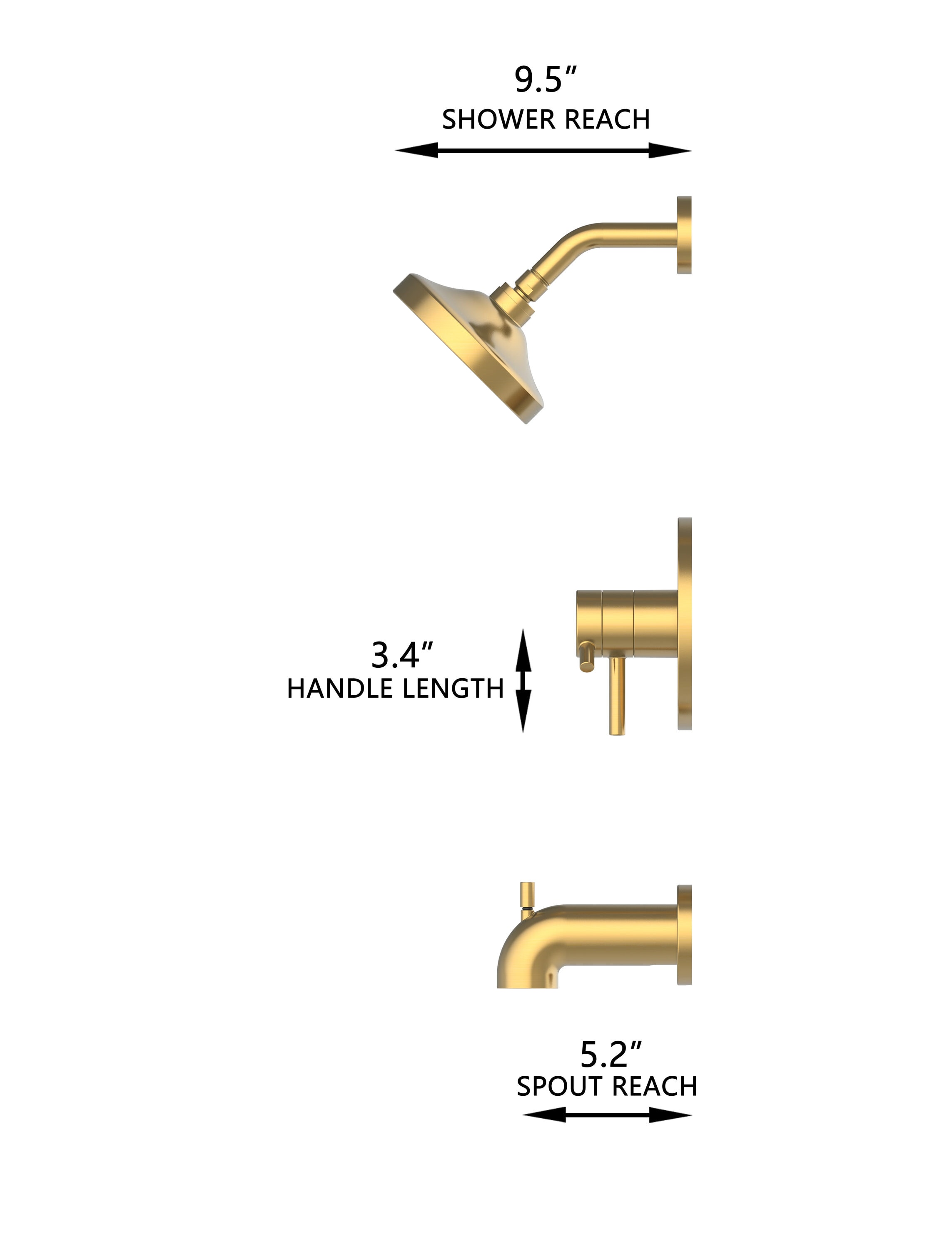 Grifo para Bañera y Ducha de 6 Pulgadas en Oro Cepillado con Dos Manijas y Función Única - Modelo Harlow