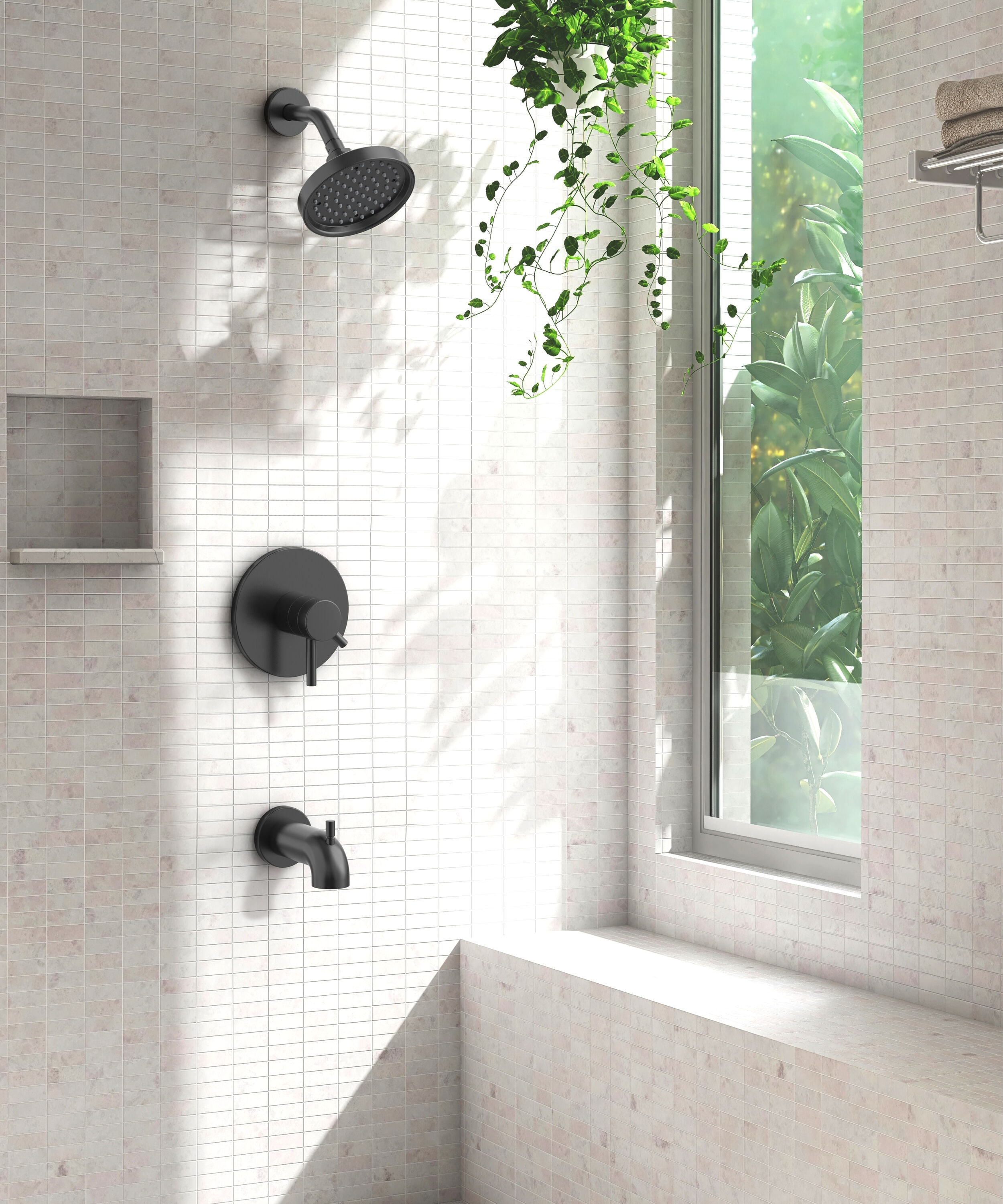 Grifo de Bañera y Ducha Redondo de 6 Pulgadas con Acabado Negro Mate de dos Manijas y Función Única "Harlow" de allen + roth