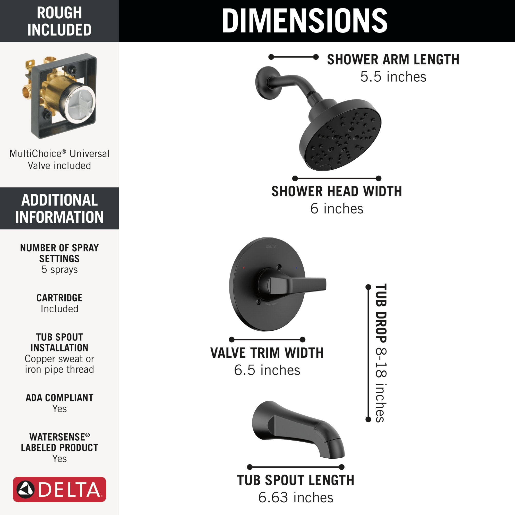 Llave mezcladora negra mate de una manija con función múltiple de 6 pulgadas para bañera y regadera redonda Delta Sparrow 144832-BL