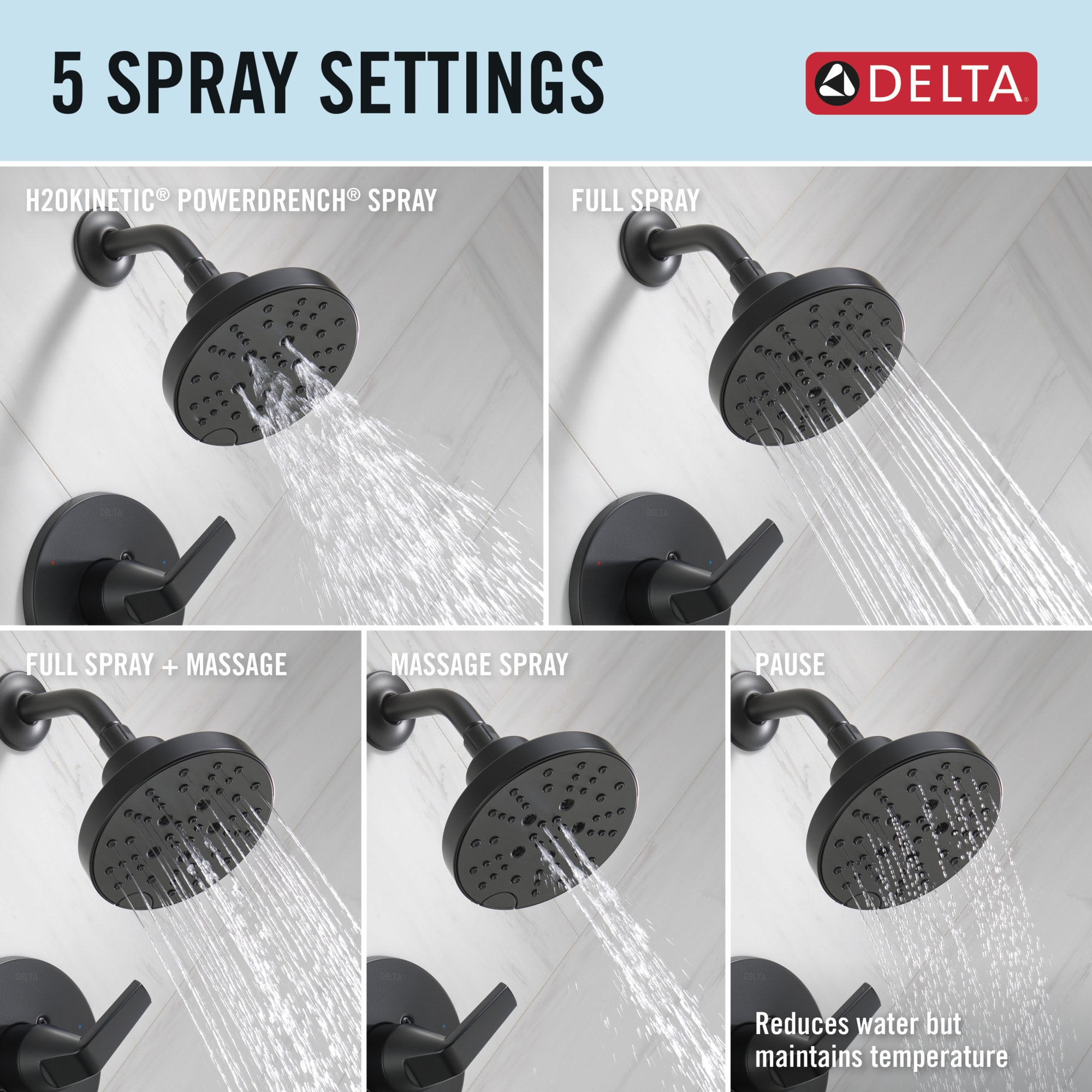 Llave mezcladora negra mate de una manija con función múltiple de 6 pulgadas para bañera y regadera redonda Delta Sparrow 144832-BL