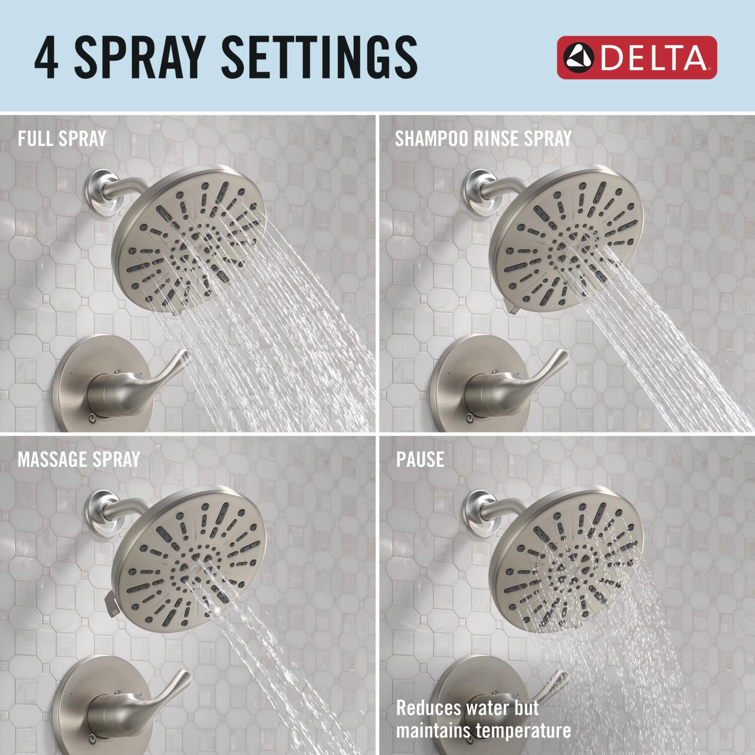 Grifería de Bañera y Ducha de 8 Pulgadas de Delta Eldren con Acabado en Níquel Cepillado y Tecnología Spotshield- Monomando Multi-funcional 144847-SP