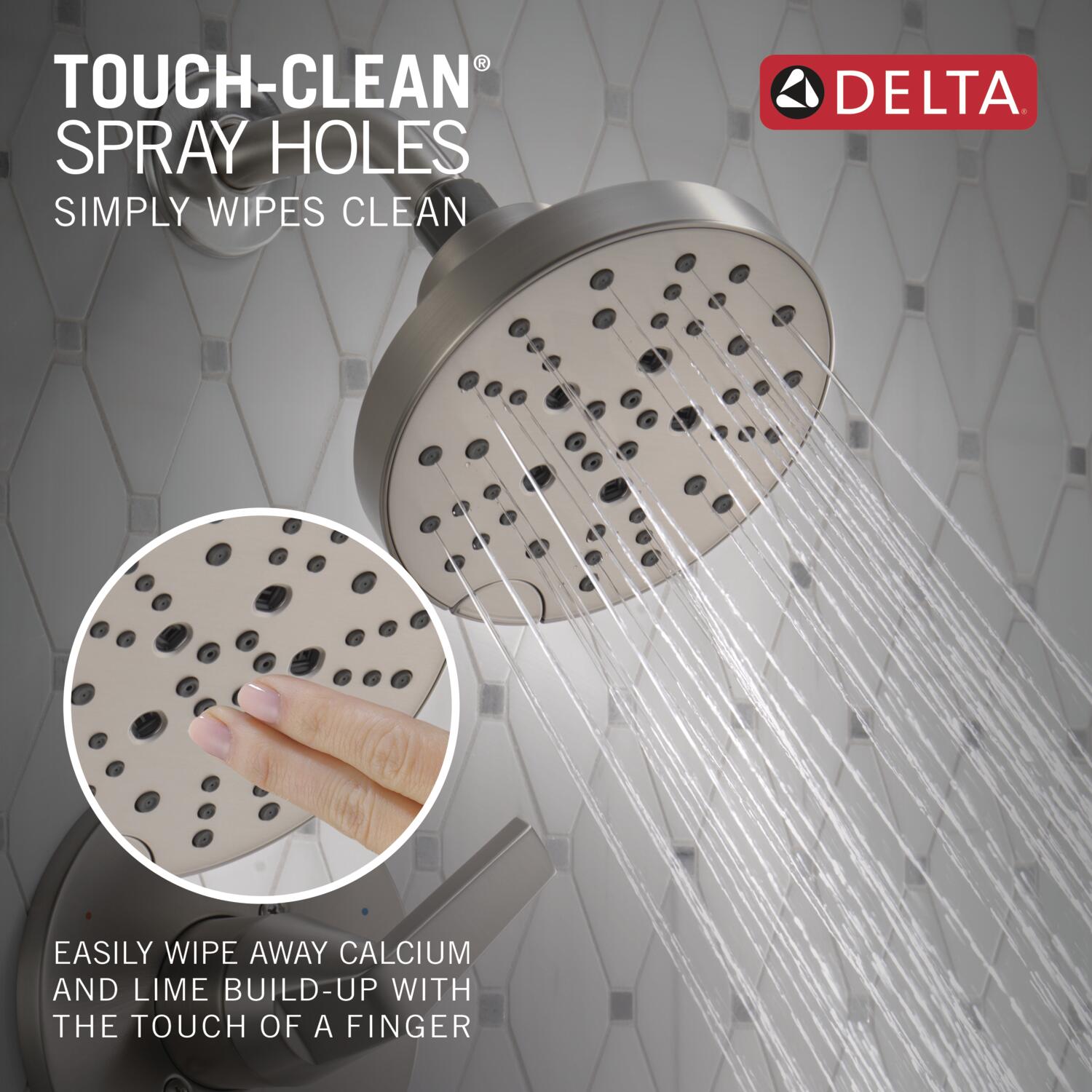 Grifo de bañera y ducha redonda de 6 pulgadas con recubrimiento Spotshield de níquel cepillado de un solo mango y múltiples funciones Delta Sparrow 144832-SP