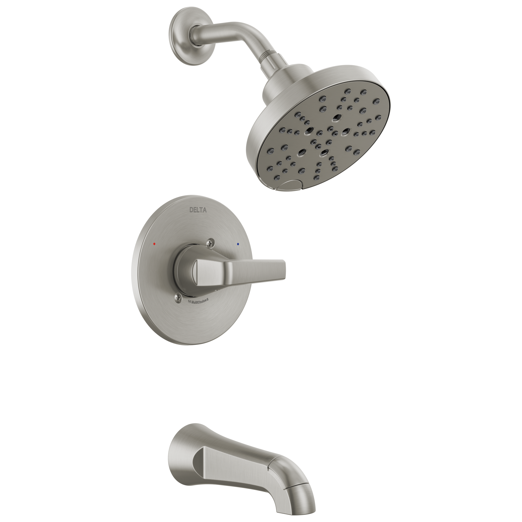 Grifo de bañera y ducha redonda de 6 pulgadas con recubrimiento Spotshield de níquel cepillado de un solo mango y múltiples funciones Delta Sparrow 144832-SP