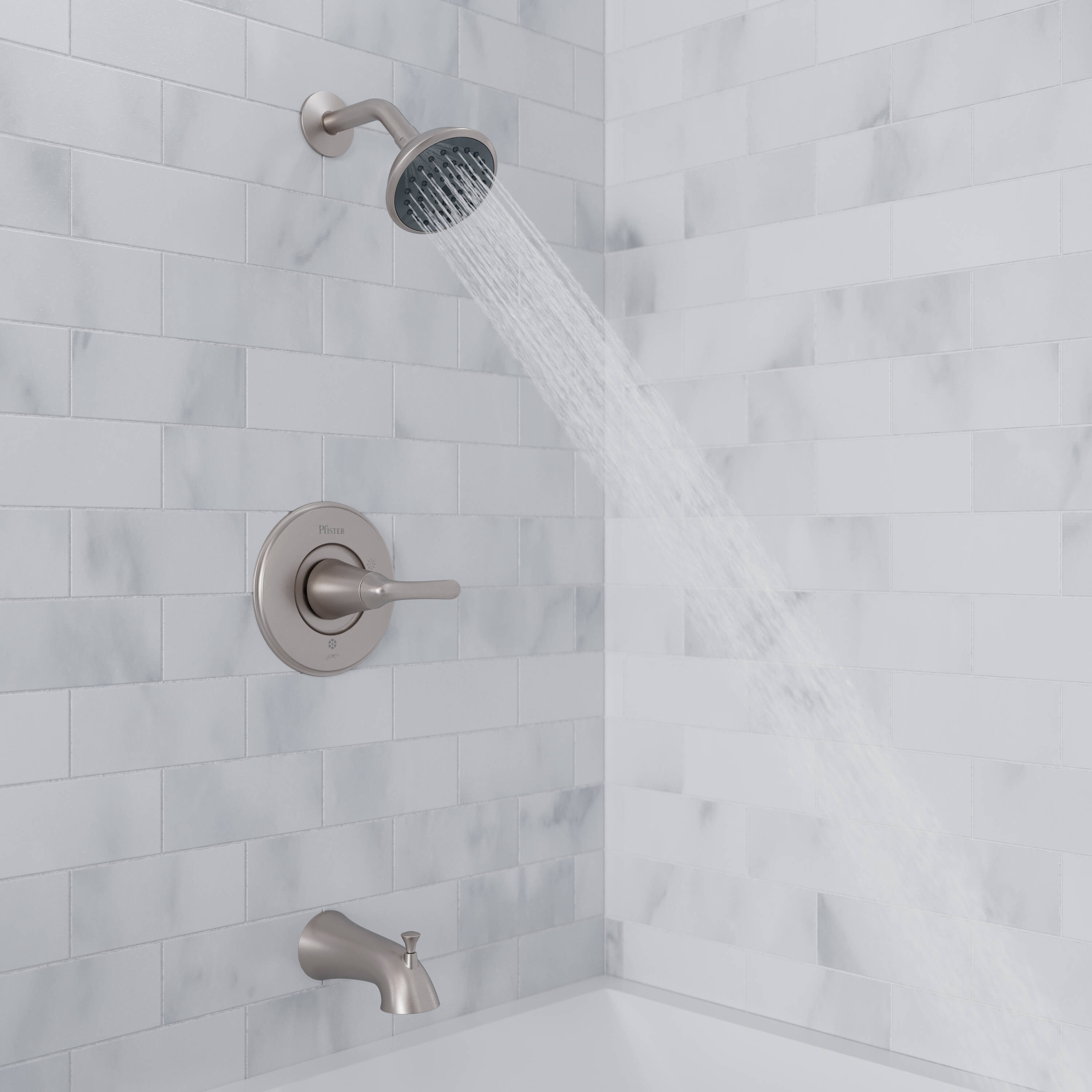Grifo para Bañera y Ducha Redondo de 4.438 Pulgadas con Acabado en Níquel Cepillado y un Mango, Función Única de la marca Pfister Willa con Protección contra Manchas, y Válvula 8P8-WS2-MALSGS