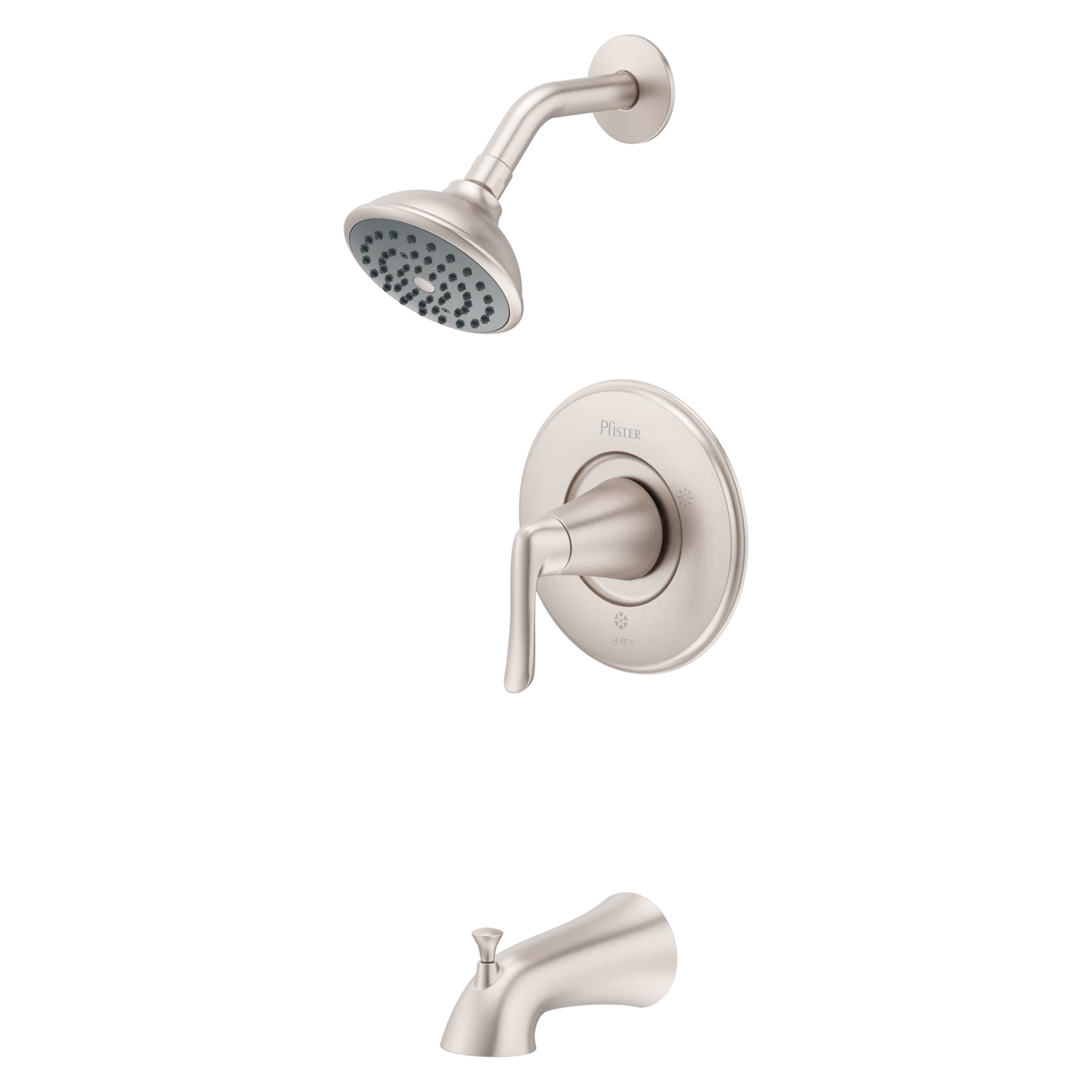 Grifo para Bañera y Ducha Redondo de 4.438 Pulgadas con Acabado en Níquel Cepillado y un Mango, Función Única de la marca Pfister Willa con Protección contra Manchas, y Válvula 8P8-WS2-MALSGS