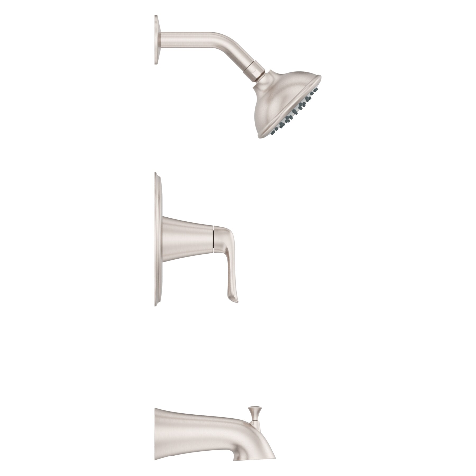Grifo para Bañera y Ducha Redondo de 4.438 Pulgadas con Acabado en Níquel Cepillado y un Mango, Función Única de la marca Pfister Willa con Protección contra Manchas, y Válvula 8P8-WS2-MALSGS