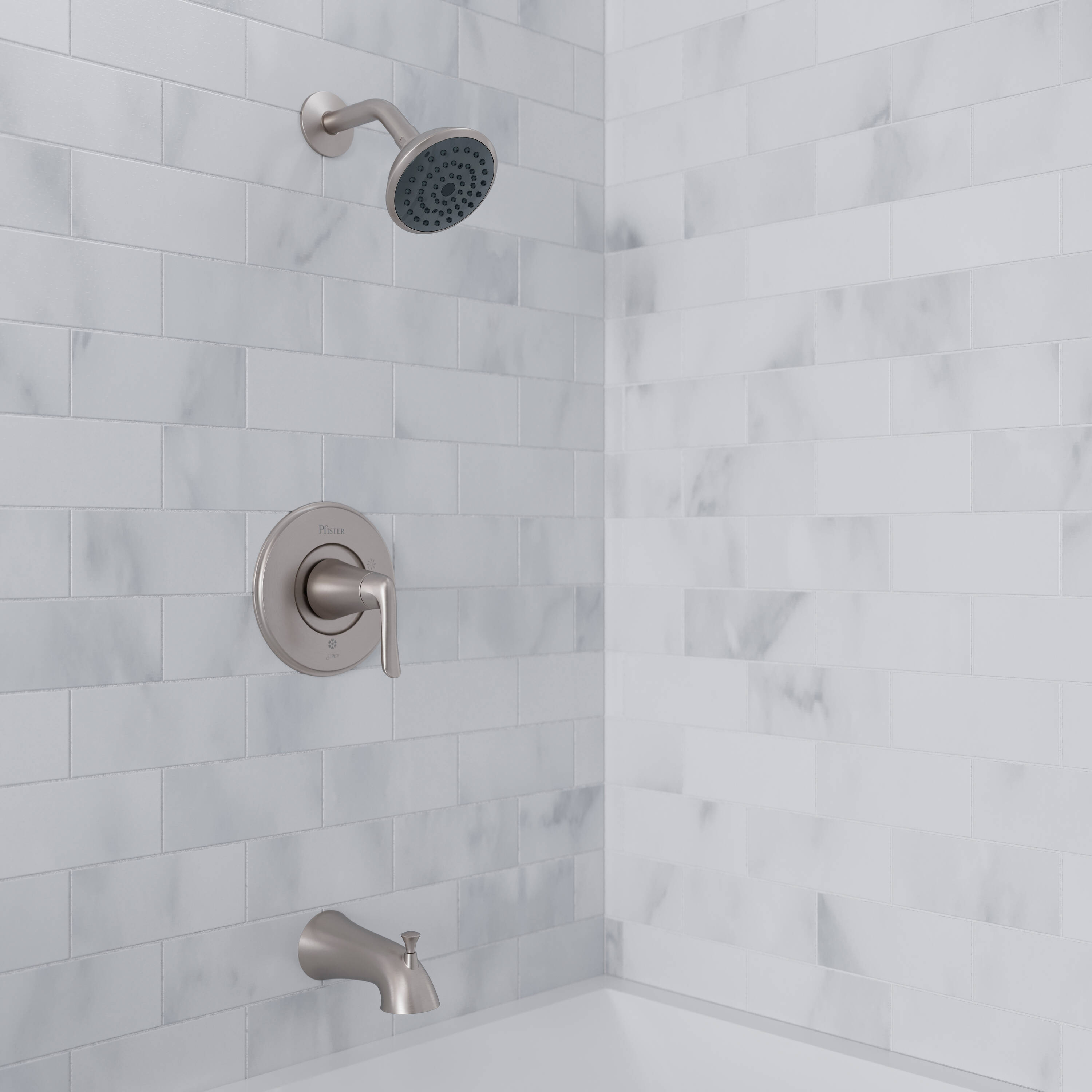 Grifo para Bañera y Ducha Redondo de 4.438 Pulgadas con Acabado en Níquel Cepillado y un Mango, Función Única de la marca Pfister Willa con Protección contra Manchas, y Válvula 8P8-WS2-MALSGS