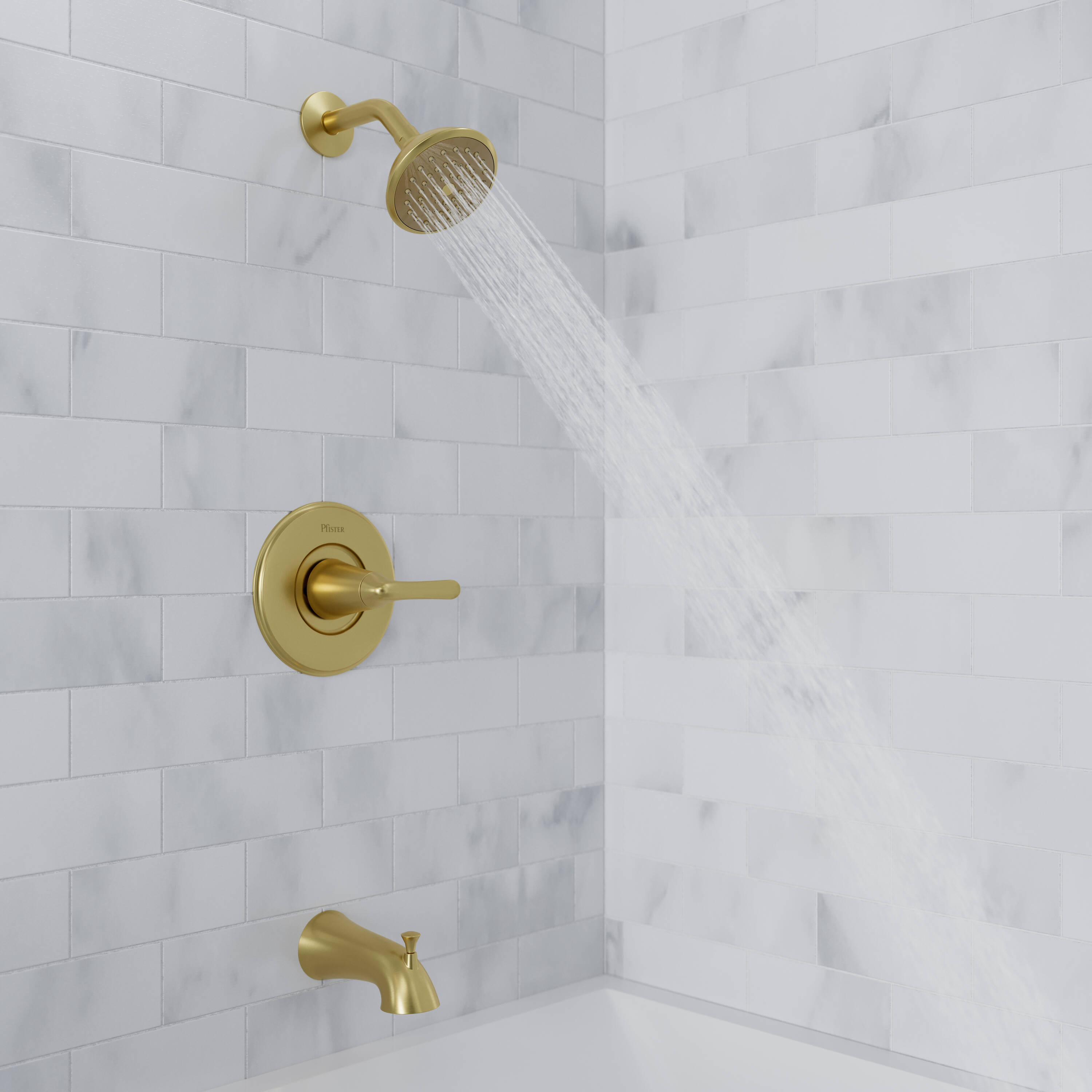 Grifo para bañera y ducha redondo de una sola función y un mango en oro cepillado Pfister Willa con válvula 8P8-WS2-MALSBG de 4.438 pulgadas