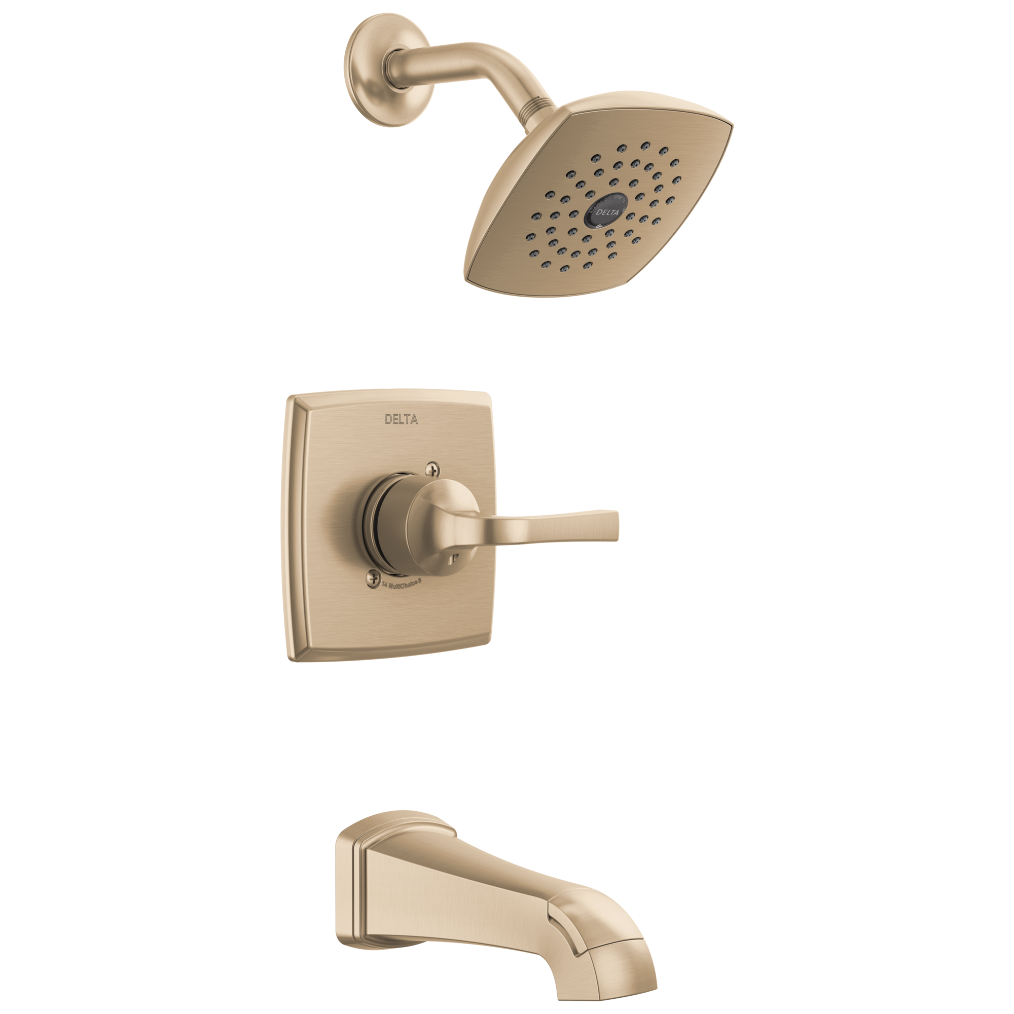 Grifo de bañera y ducha de una sola función con un mango en bronce champán de Delta Knoxville de 5.25 pulgadas cuadradas con válvula 144854-CZ