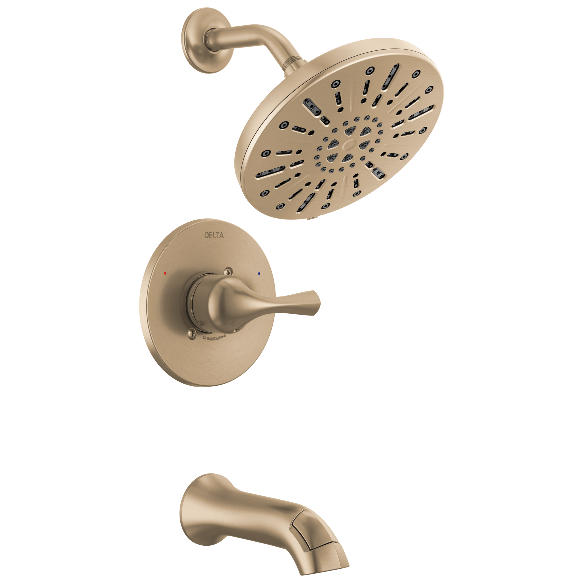Grifo de bañera redonda y ducha de función múltiple de 8 pulgadas en bronce champán con un solo mango Delta Eldren 144847-CZ.