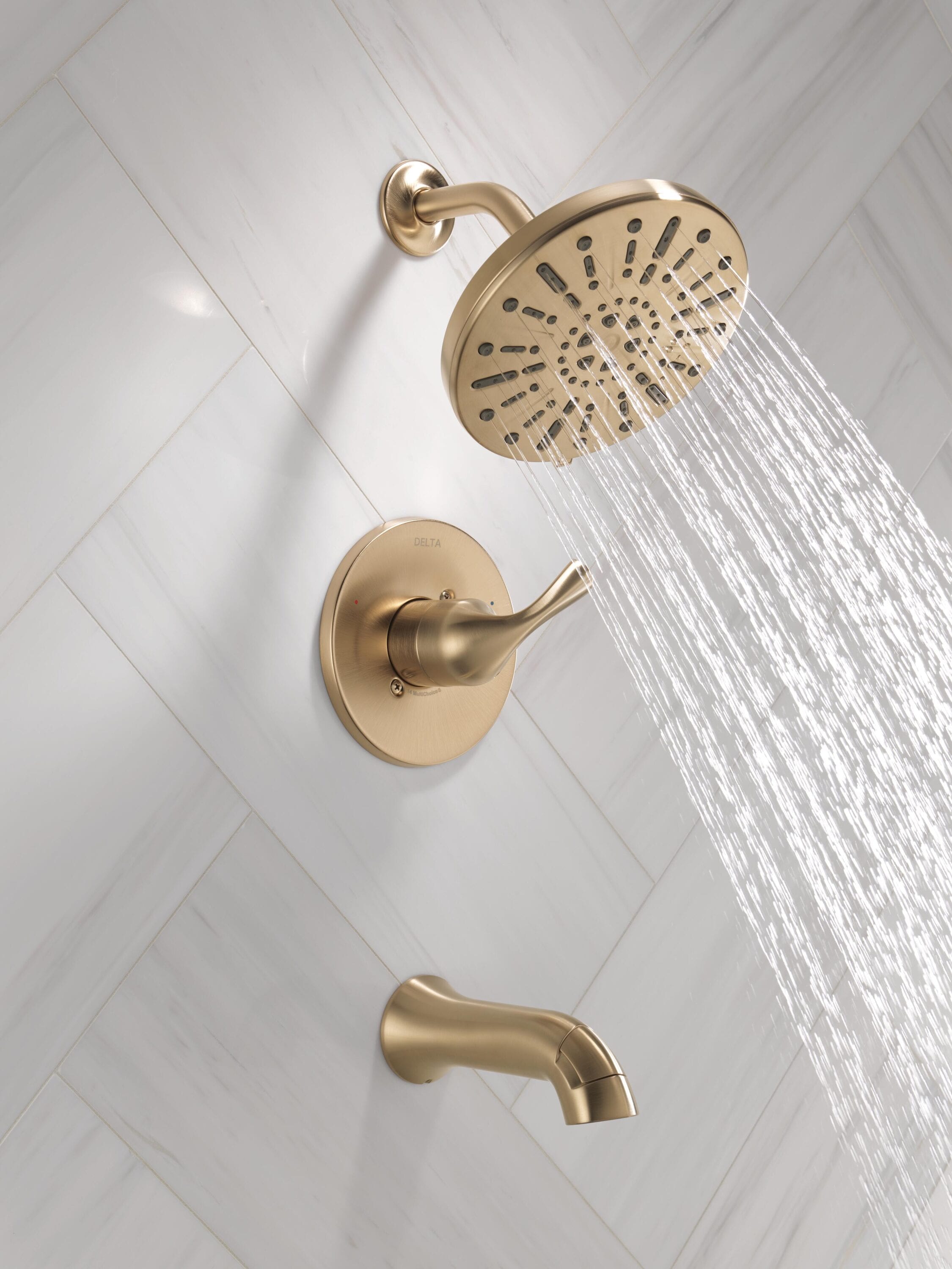 Grifo de bañera redonda y ducha de función múltiple de 8 pulgadas en bronce champán con un solo mango Delta Eldren 144847-CZ.