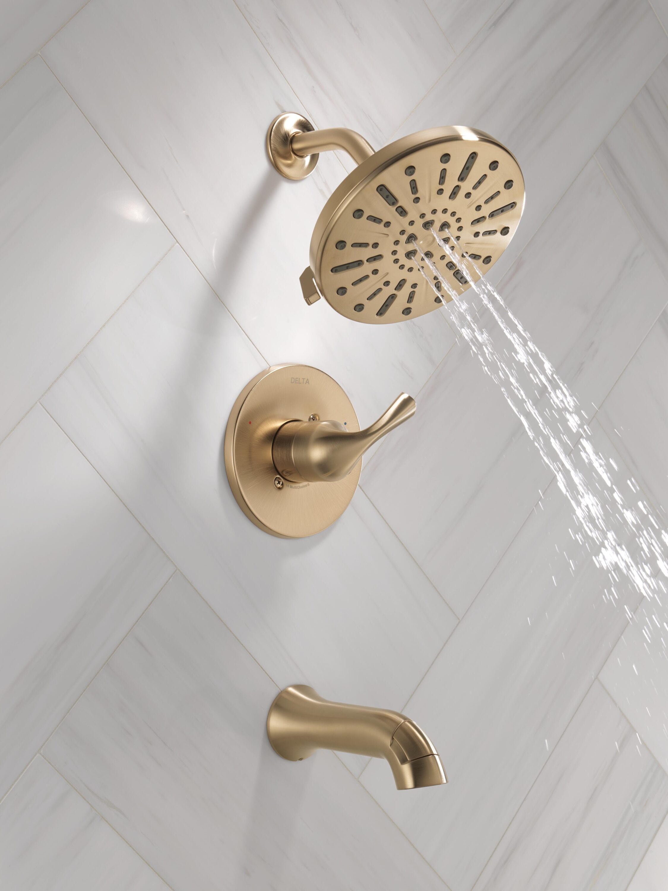 Grifo de bañera redonda y ducha de función múltiple de 8 pulgadas en bronce champán con un solo mango Delta Eldren 144847-CZ.