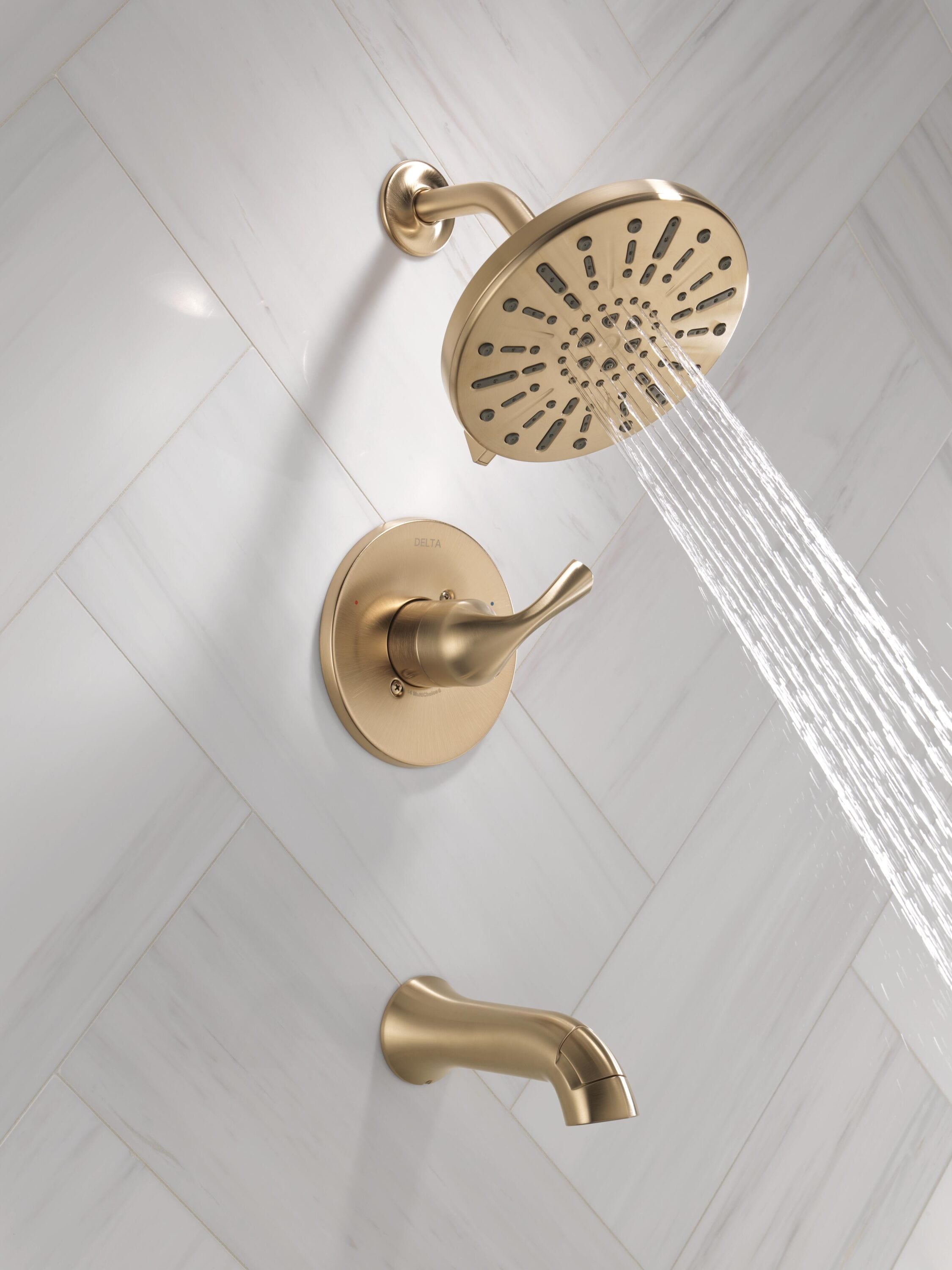 Grifo de bañera redonda y ducha de función múltiple de 8 pulgadas en bronce champán con un solo mango Delta Eldren 144847-CZ.
