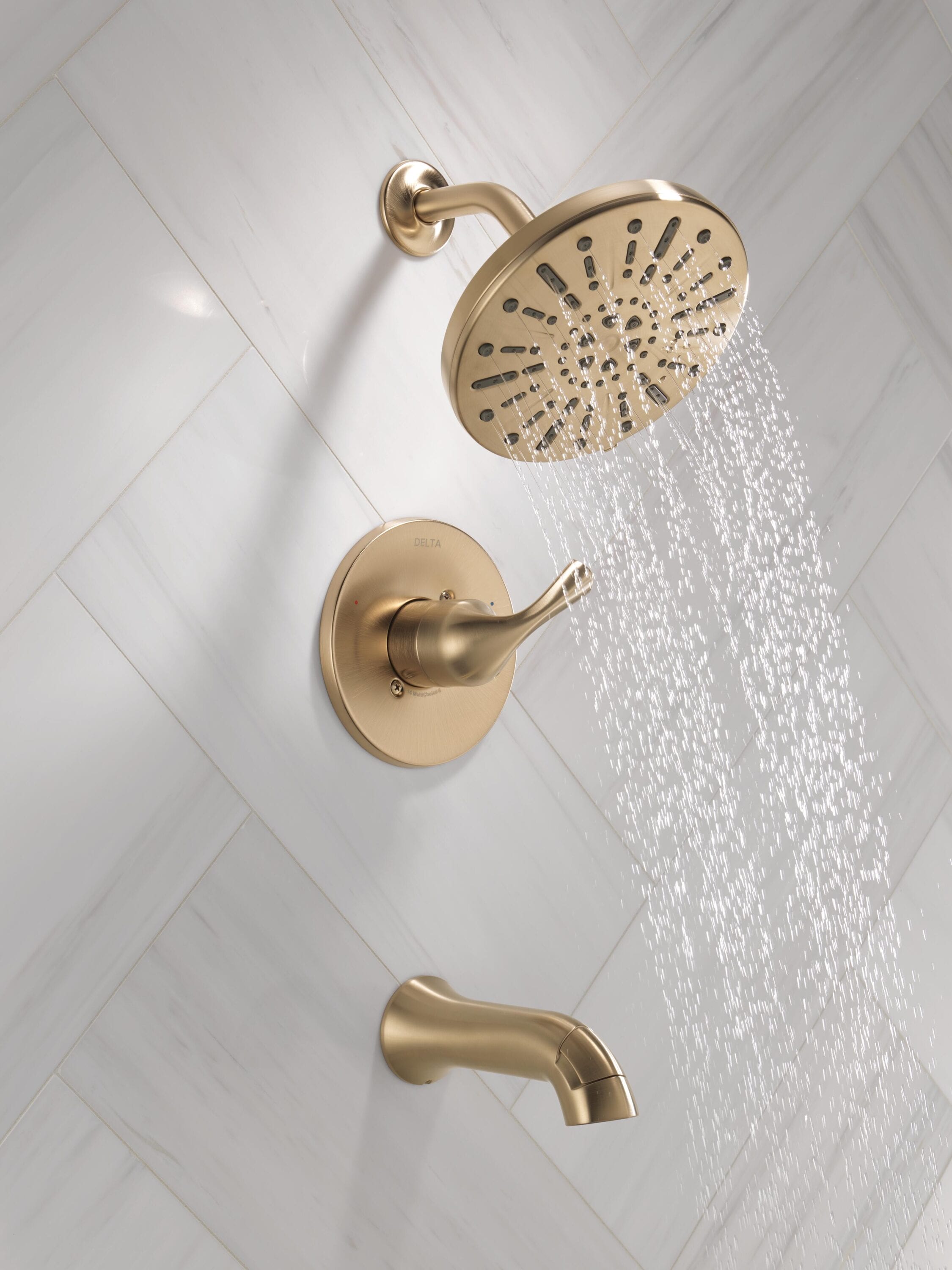 Grifo de bañera redonda y ducha de función múltiple de 8 pulgadas en bronce champán con un solo mango Delta Eldren 144847-CZ.