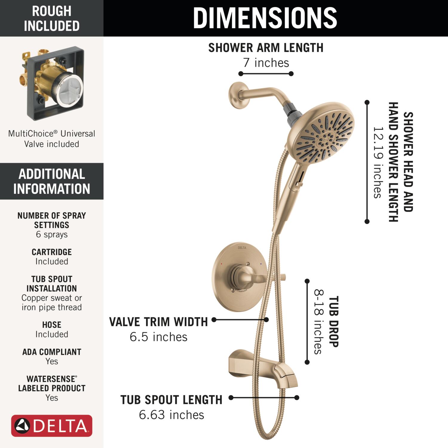 Grifo de bañera y ducha redondo de 6.5 pulgadas con acabado en bronce champagne de Delta Arcadia de 1 manija y multi-función.