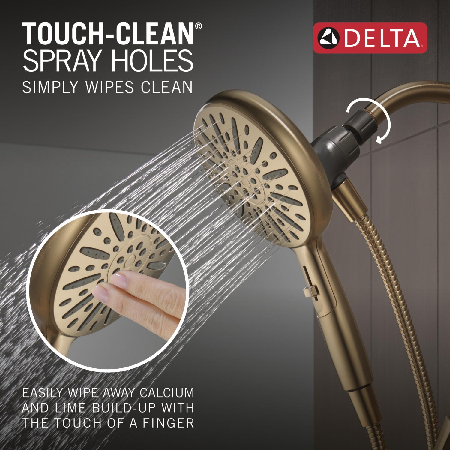 Grifo de bañera y ducha redondo de 6.5 pulgadas con acabado en bronce champagne de Delta Arcadia de 1 manija y multi-función.