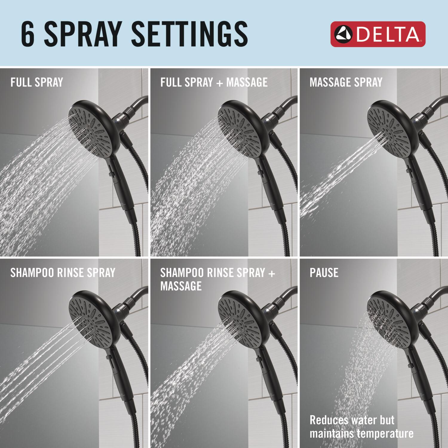 Grifo para bañera y ducha redonda de 6.5 pulgadas, de color negro mate, de un solo mango y función multiusos de Delta Arcadia 144892-BL-HS