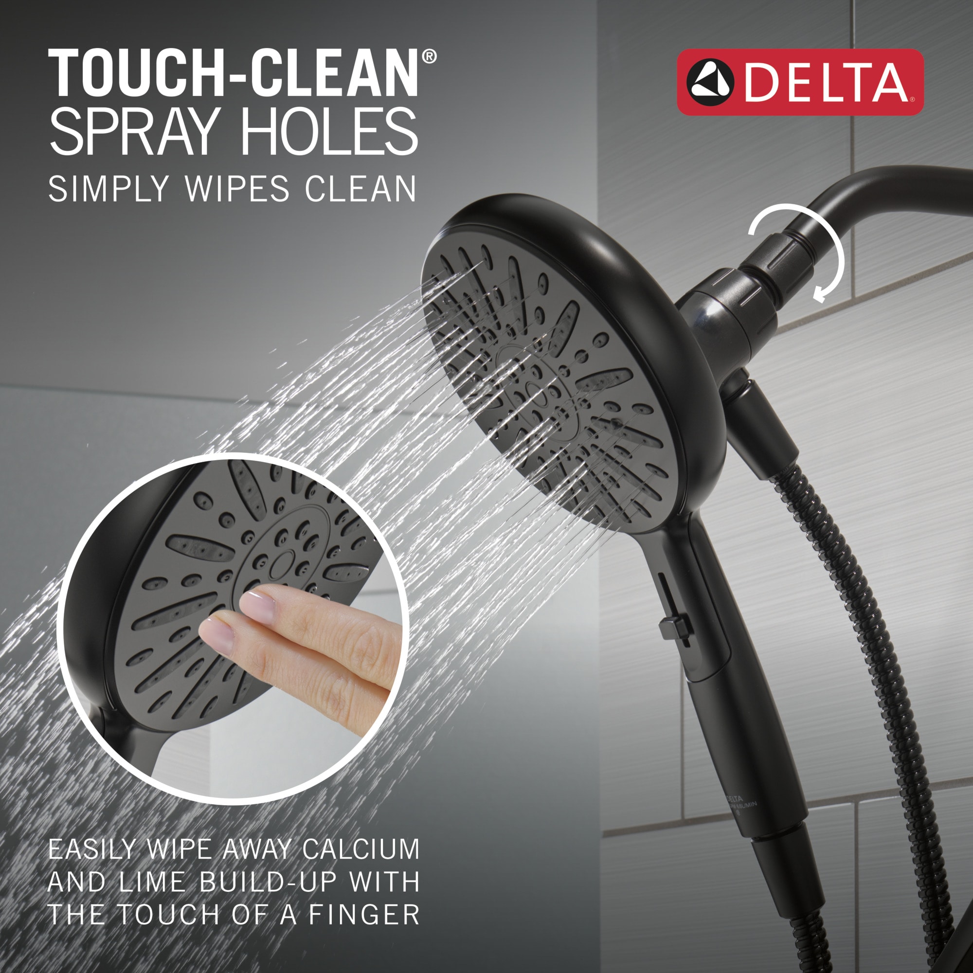 Grifo para bañera y ducha redonda de 6.5 pulgadas, de color negro mate, de un solo mango y función multiusos de Delta Arcadia 144892-BL-HS