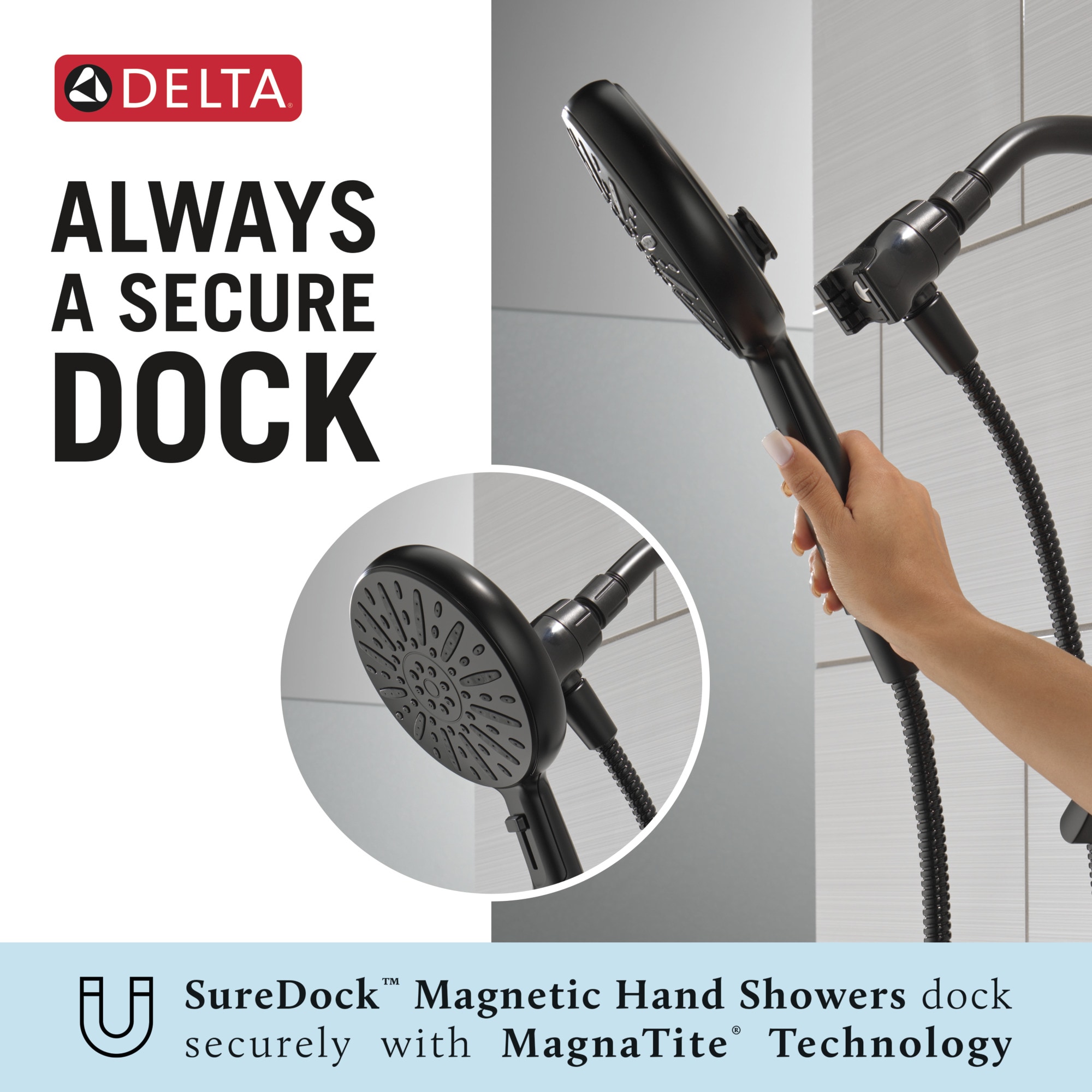 Grifo para bañera y ducha redonda de 6.5 pulgadas, de color negro mate, de un solo mango y función multiusos de Delta Arcadia 144892-BL-HS