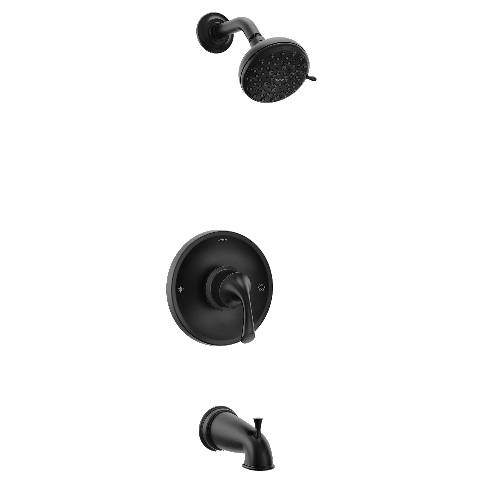 Grifo para bañera y ducha redonda de 3.38 pulgadas con acabado negro mate de un solo mango y función múltiple Moen Idora con válvula 82115BL.