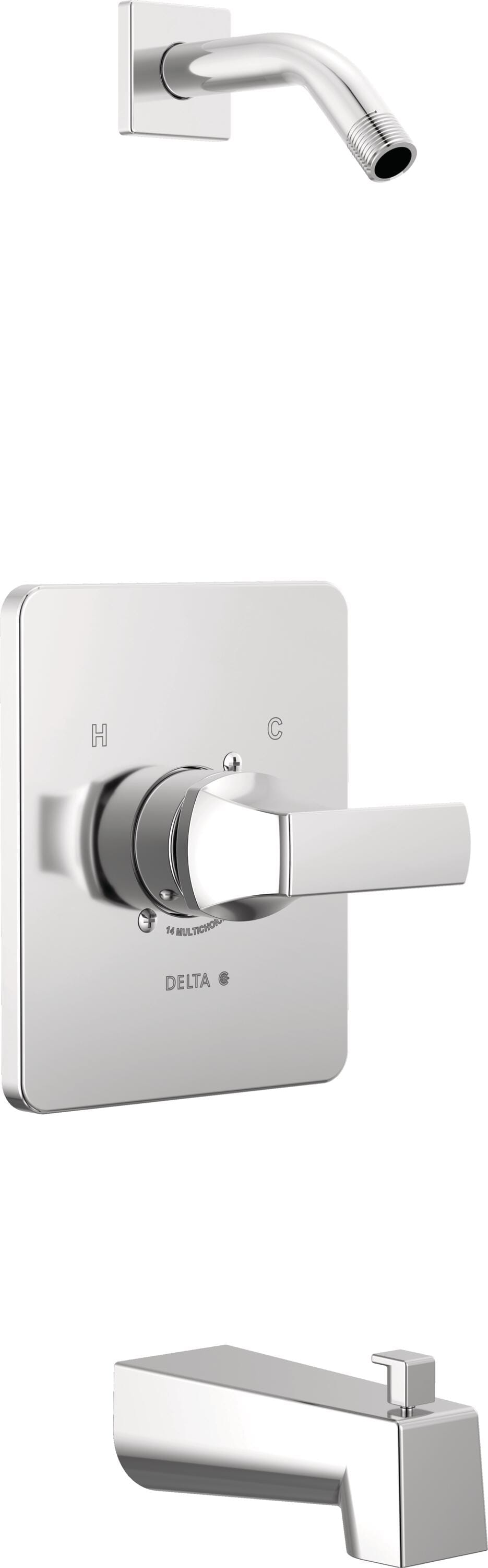 Llave mezcladora para bañera y regadera de una sola manija, estilo chrome, de la marca Delta Velum. Se vende por separado.