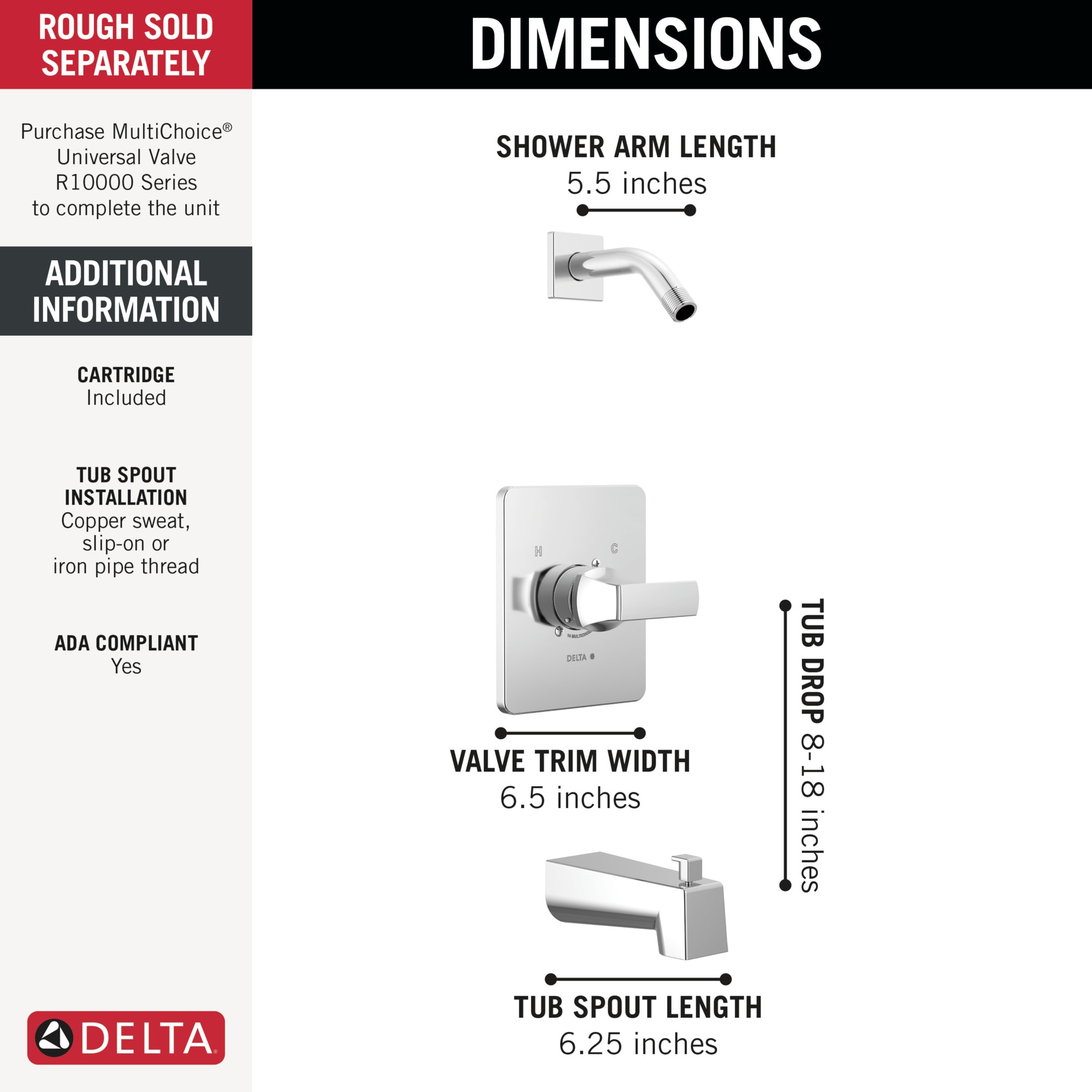 Llave mezcladora para bañera y regadera de una sola manija, estilo chrome, de la marca Delta Velum. Se vende por separado.