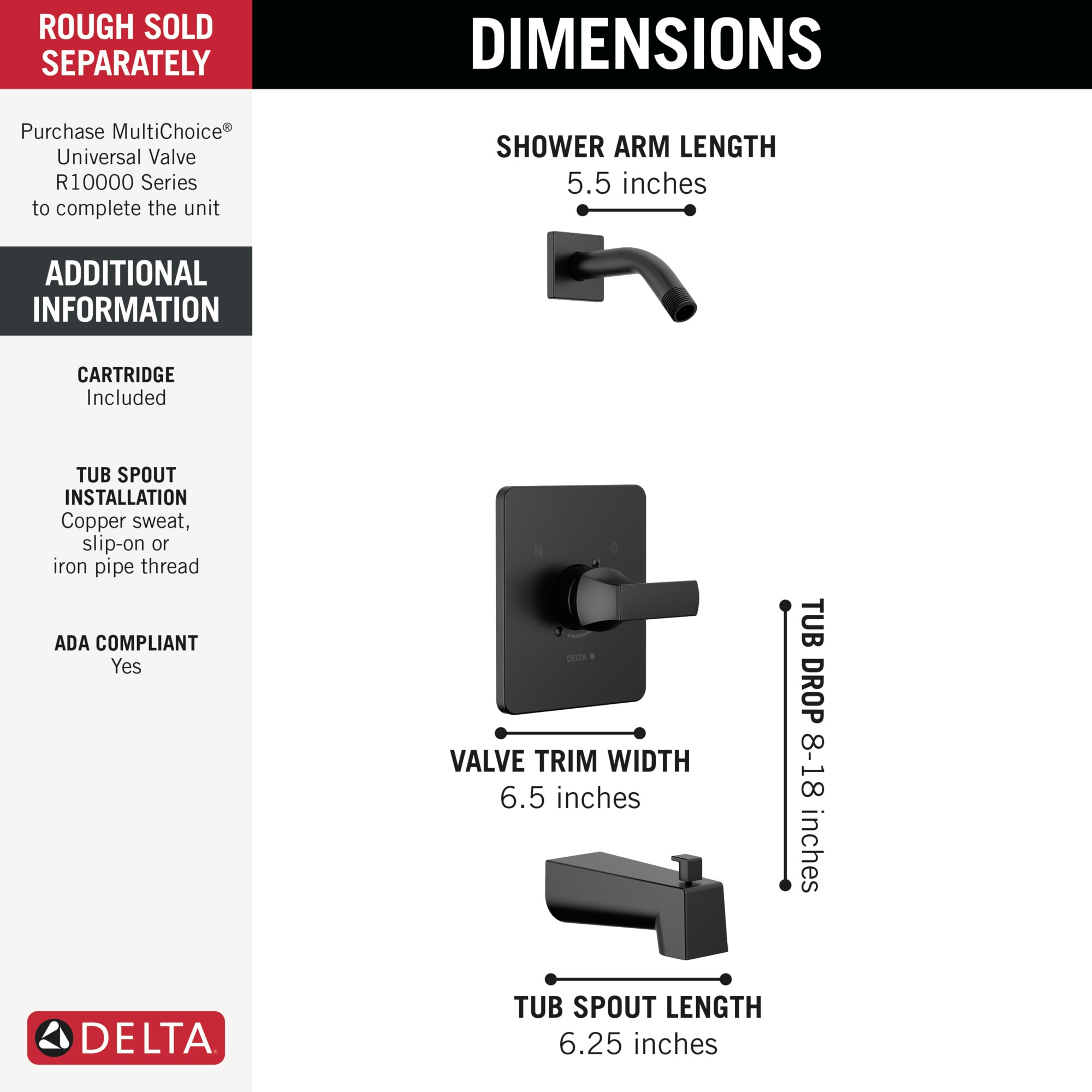 Llave para tina y regadera de 1 control en negro mate Delta Velum Se vende por separado T14437-BLLHD