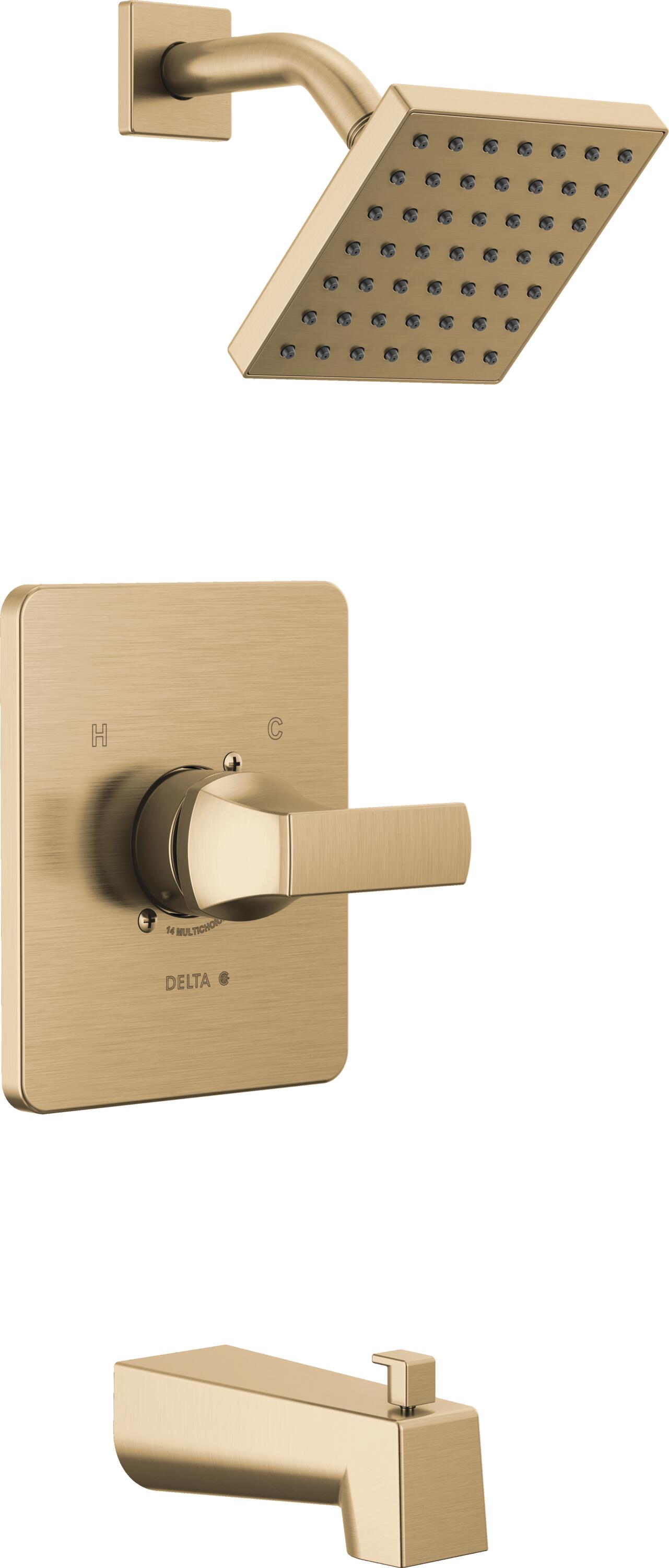 Grifo monomando de bañera y ducha cuadrado de 6.5 pulgadas, color Champagne Bronze, función única_DELTA Velum T14437-CZ