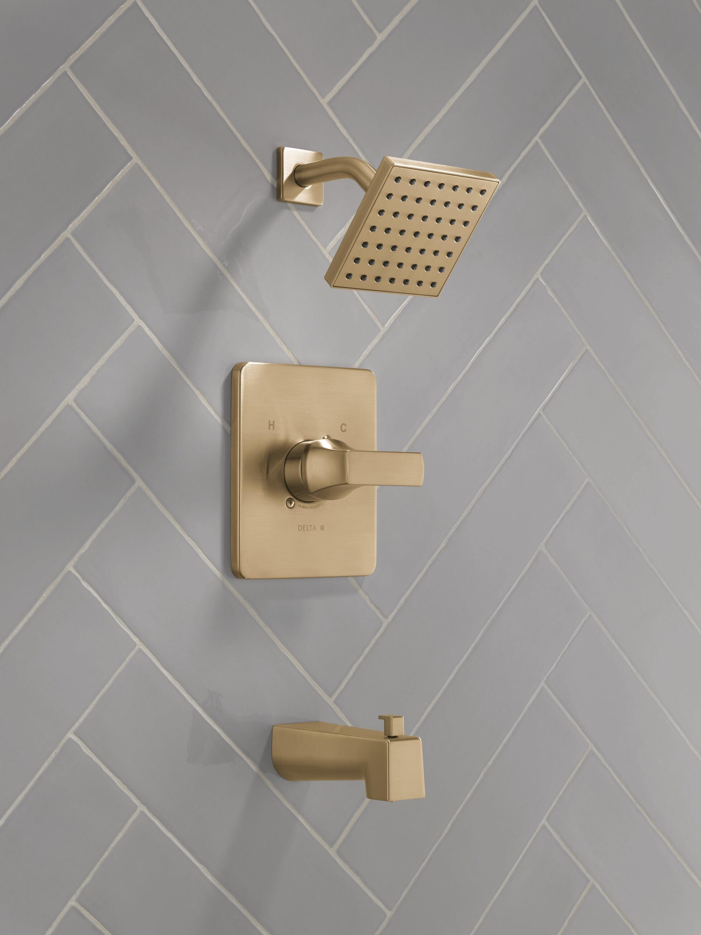 Grifo monomando de bañera y ducha cuadrado de 6.5 pulgadas, color Champagne Bronze, función única_DELTA Velum T14437-CZ