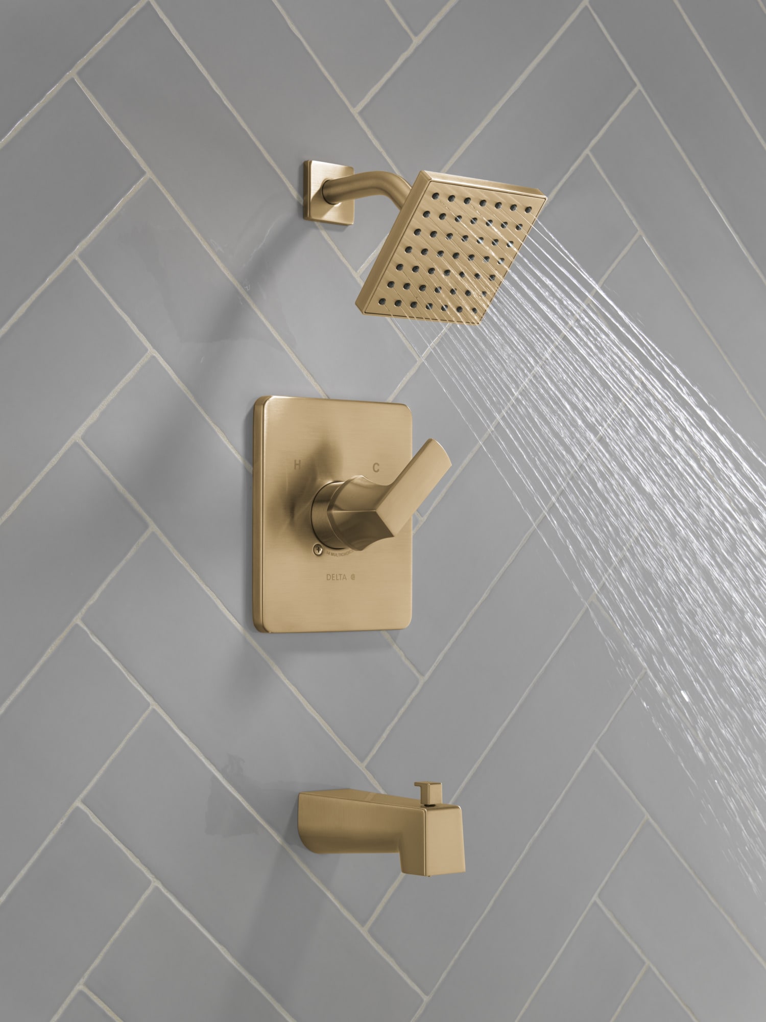 Grifo monomando de bañera y ducha cuadrado de 6.5 pulgadas, color Champagne Bronze, función única_DELTA Velum T14437-CZ
