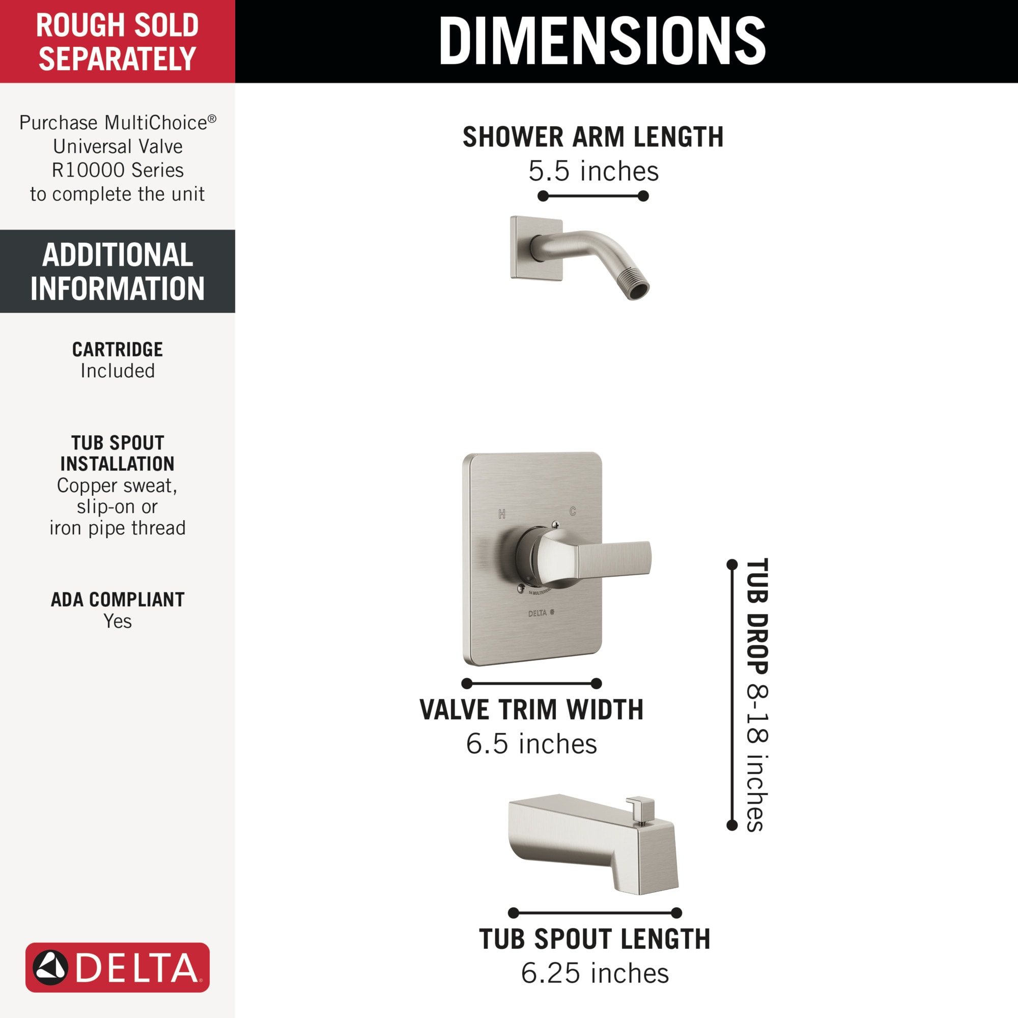 Llave para bañera y regadera de acero inoxidable Delta Velum con 1 asa, se vende por separado T14437-SSLHD