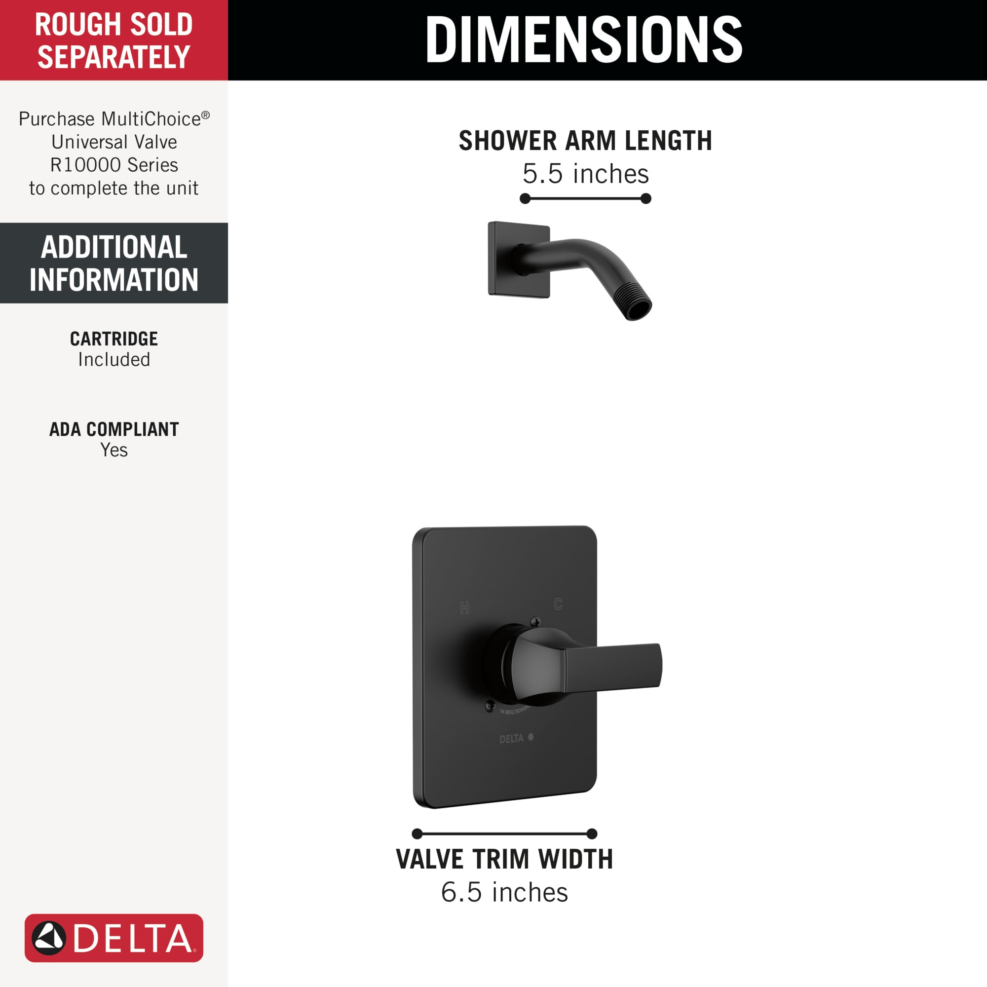 Grifo para bañera y ducha de una sola manija en negro mate Delta Velum, se vende por separado T14237-BLLHD.