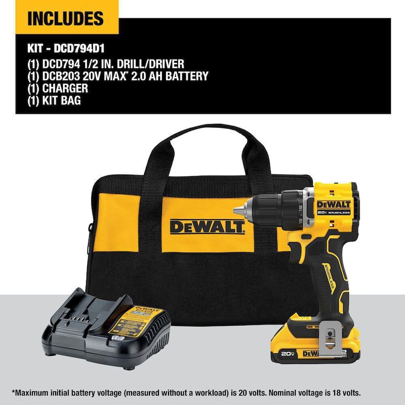 Kit de Taladro/Atornillador Compacto Inalámbrico DEWALT ATOMIC de 20 Voltios con Batería de Iones de Litio de 2.0Ah, Cargador y Bolsa - DCD794D1