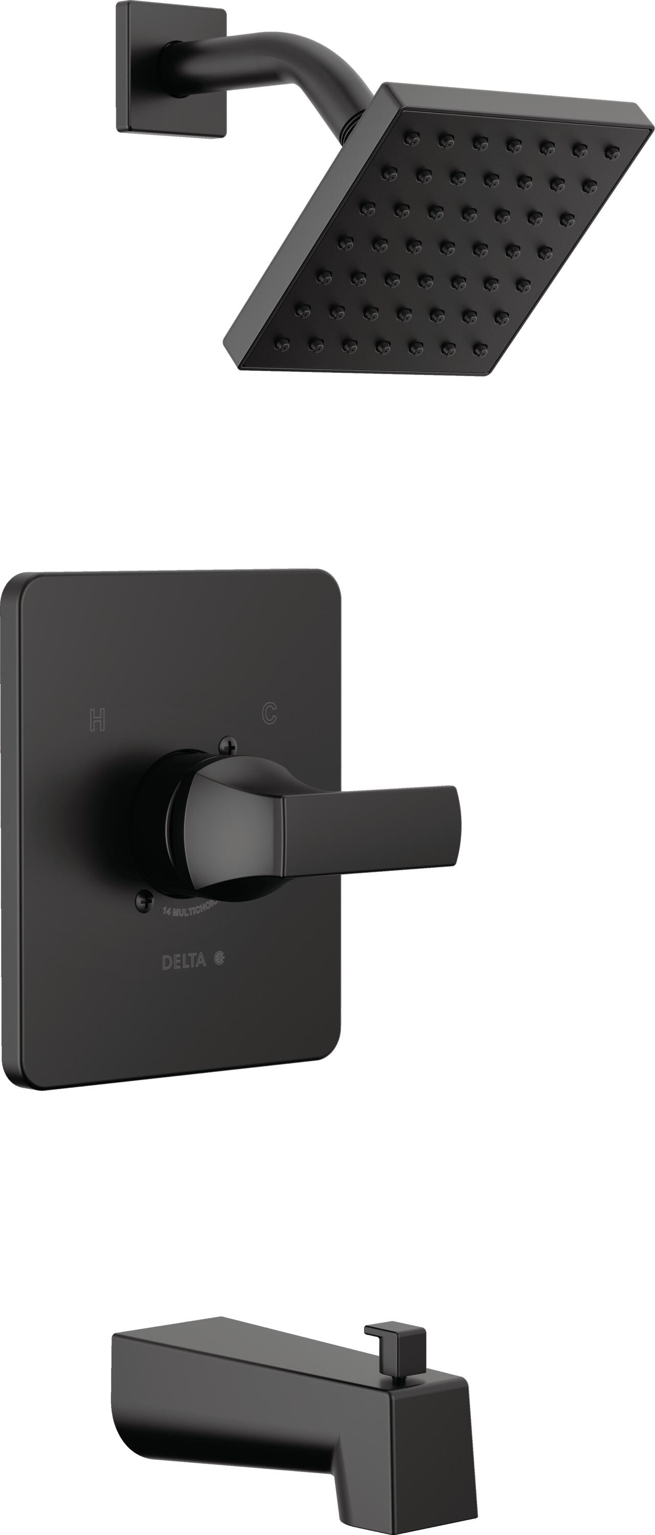 Grifo de Bañera y Ducha Cuadrado Negro Mate de 6.5 Pulgadas de un Solo Mango y Función Única Delta Velum T14437-BL