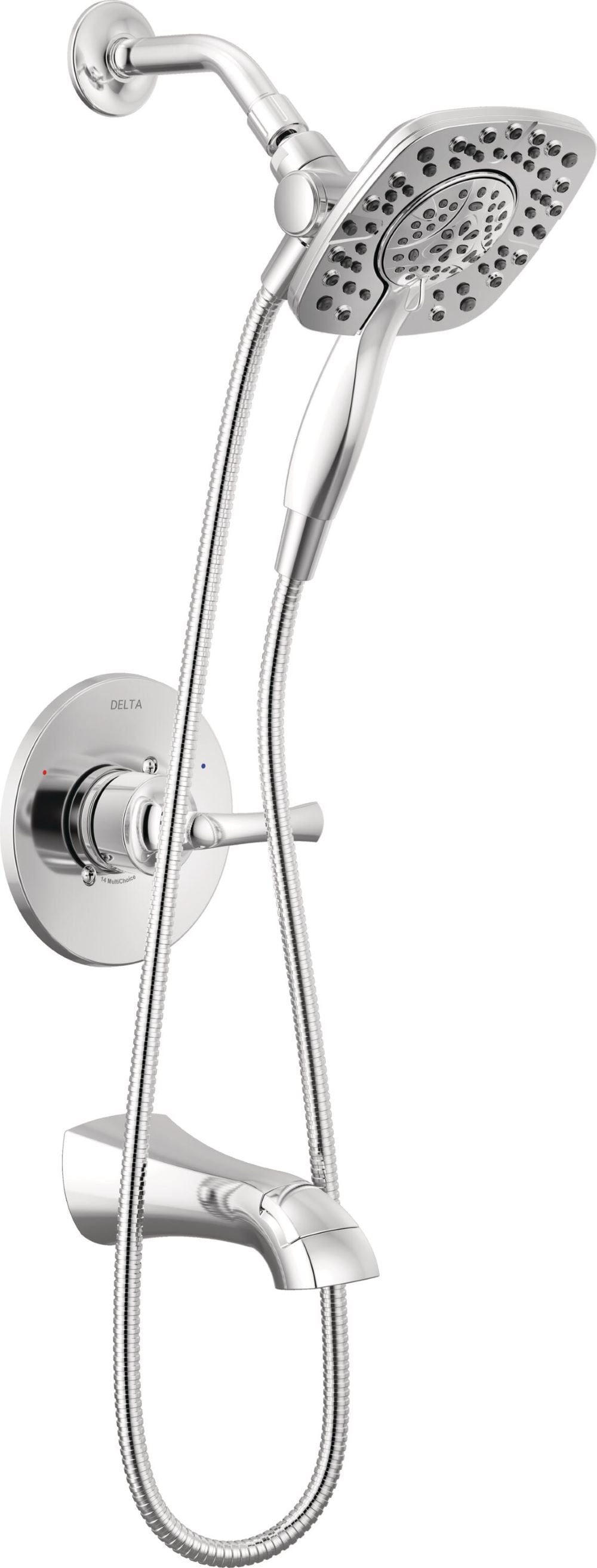 Faucet de Bañera y Regadera Cuadrado de 6 Pulgadas con Mango de Cromo de una Sola Manija Delta Lacey y Válvula 144895-I