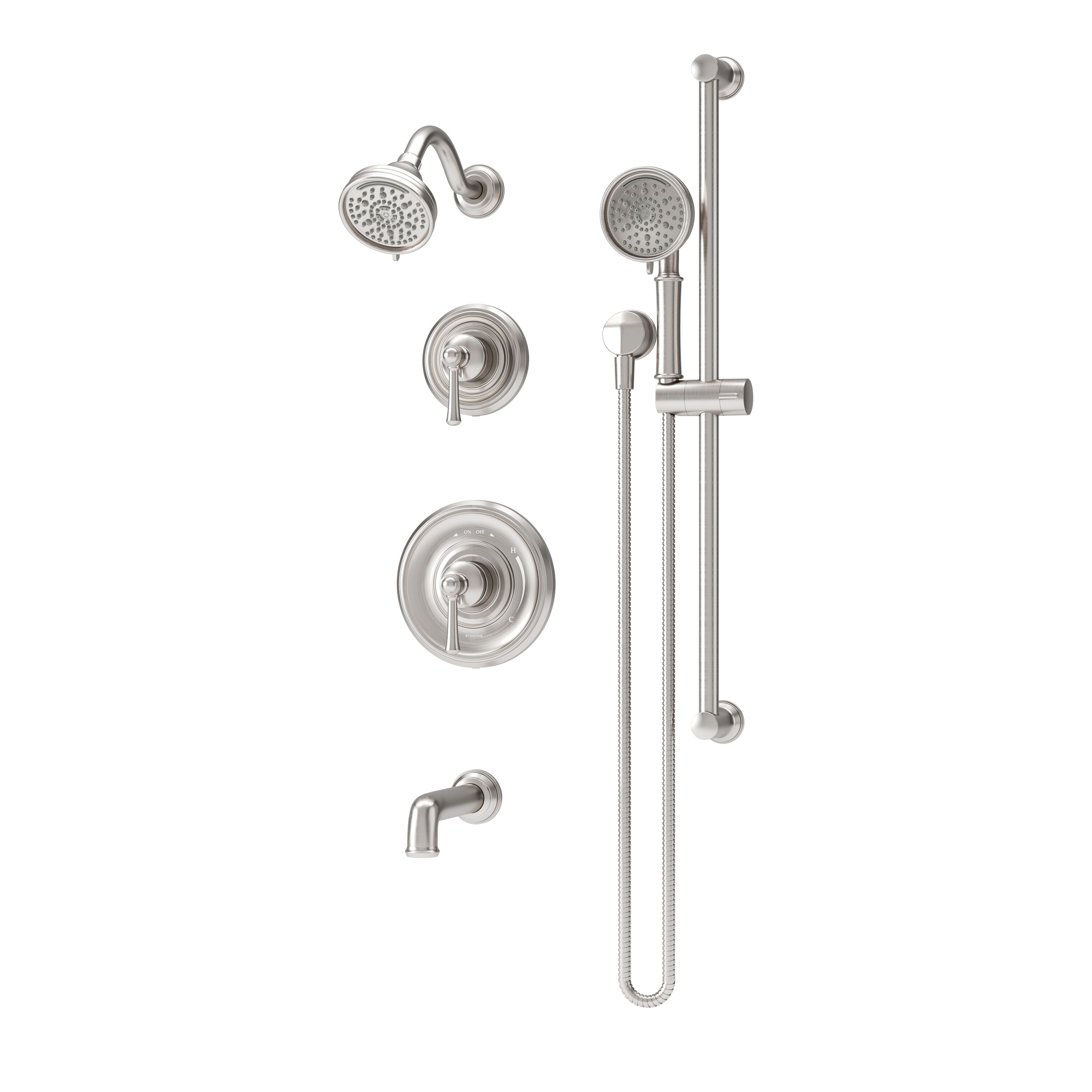Grifo de bañera redondo de níquel satinado con 2 manijas y cabezal múltiple de 4.07 pulgadas, Symmons Braston
