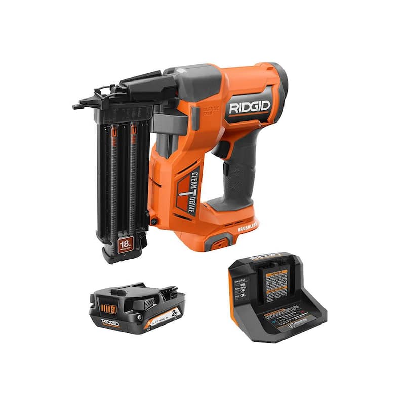 Kit de clavadora de clavos inalámbrica RIDGID 18V sin escobillas de 18 gauges y 2-1/8 pulgadas con batería de iones de litio de 18V 2.0 Ah y cargador de 18V - R09891B-AC9302